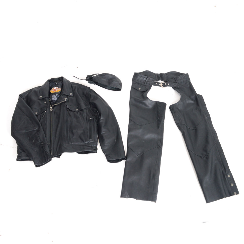 Harley-Davidson Leather Jacket, Chaps, Gloves and Skull Cap