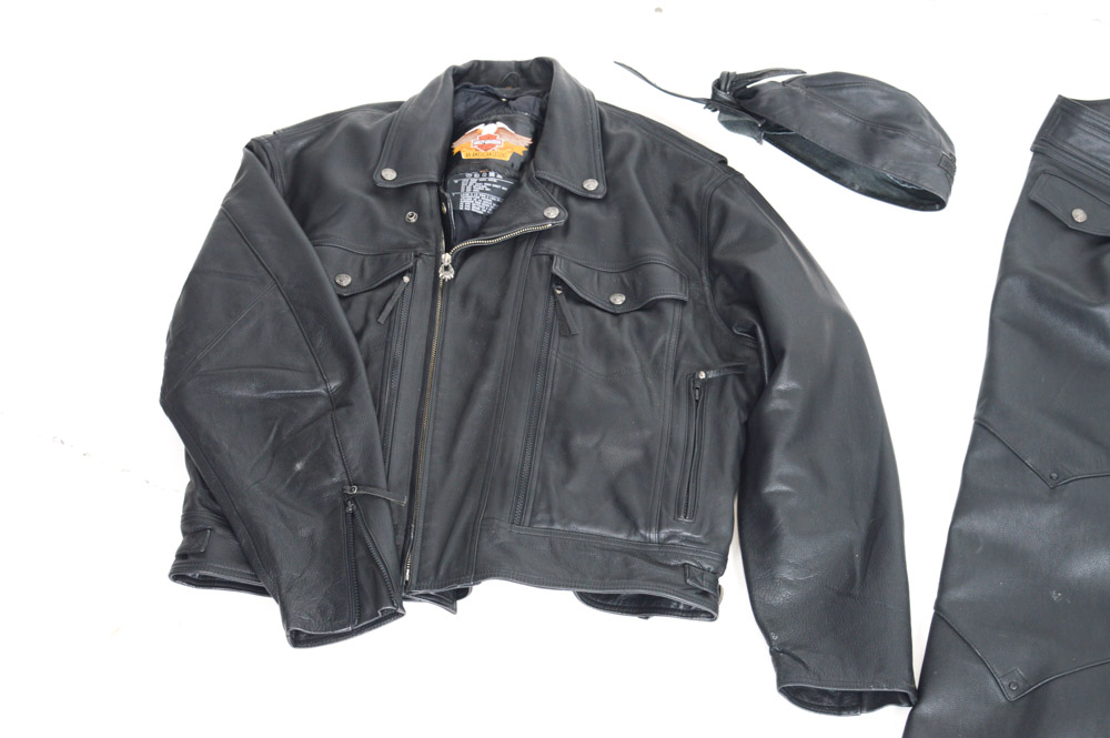 Harley-Davidson Leather Jacket, Chaps, Gloves and Skull Cap