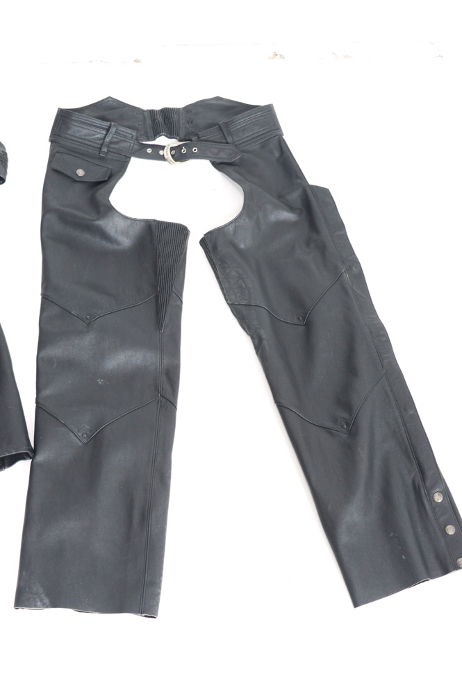 Harley-Davidson Leather Jacket, Chaps, Gloves and Skull Cap