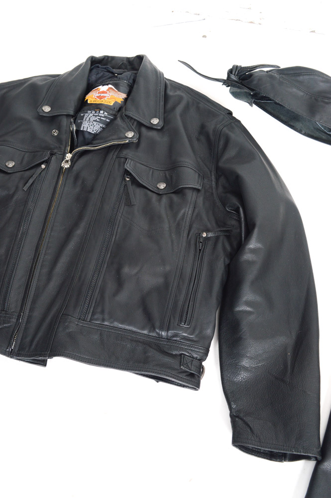 Harley-Davidson Leather Jacket, Chaps, Gloves and Skull Cap