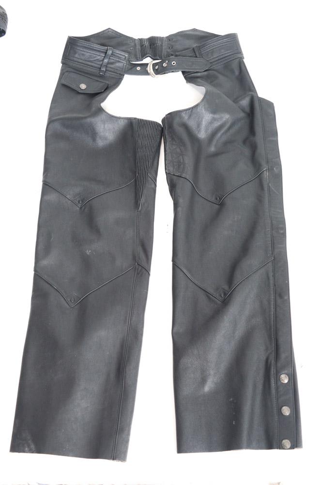 Harley-Davidson Leather Jacket, Chaps, Gloves and Skull Cap