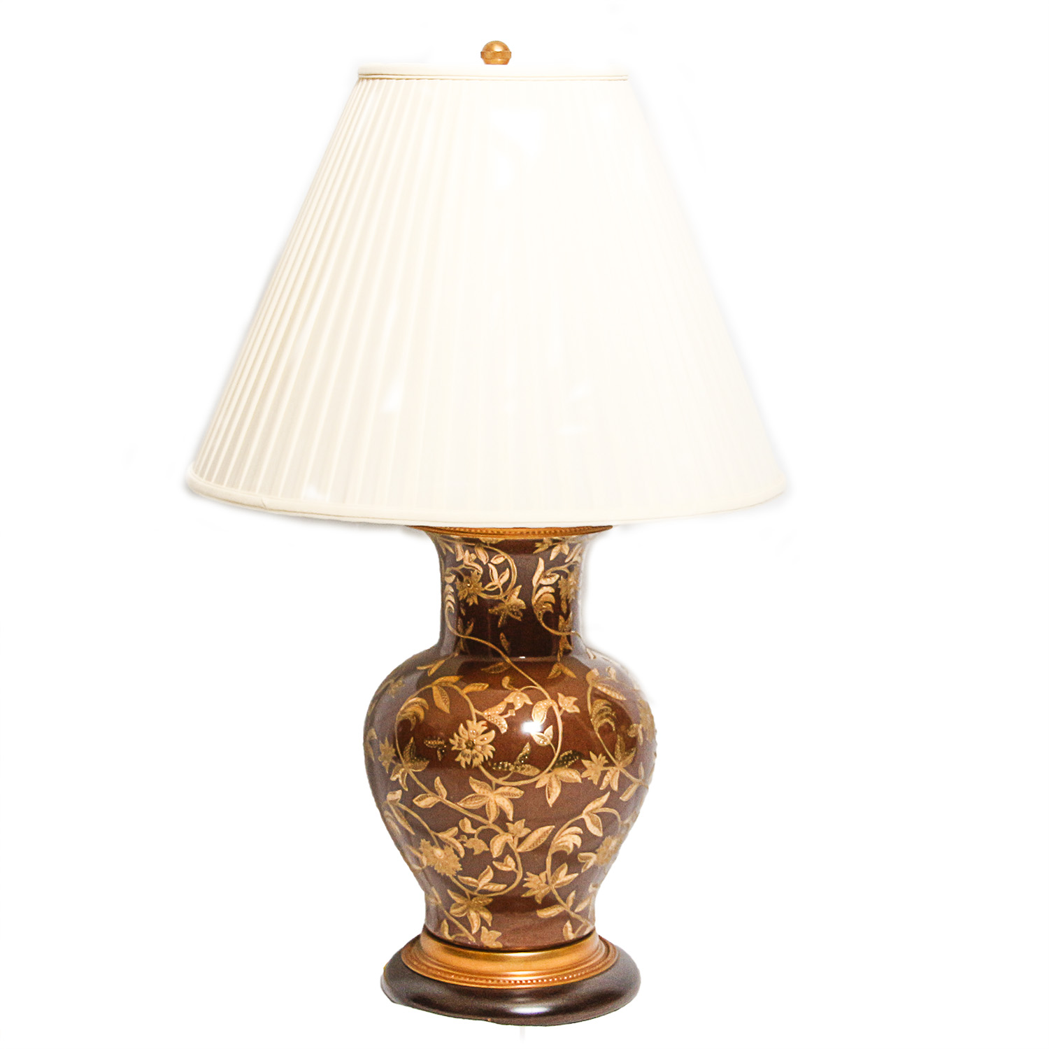 Porcelain Lamp with Brown and Gold Toned Floral Motif