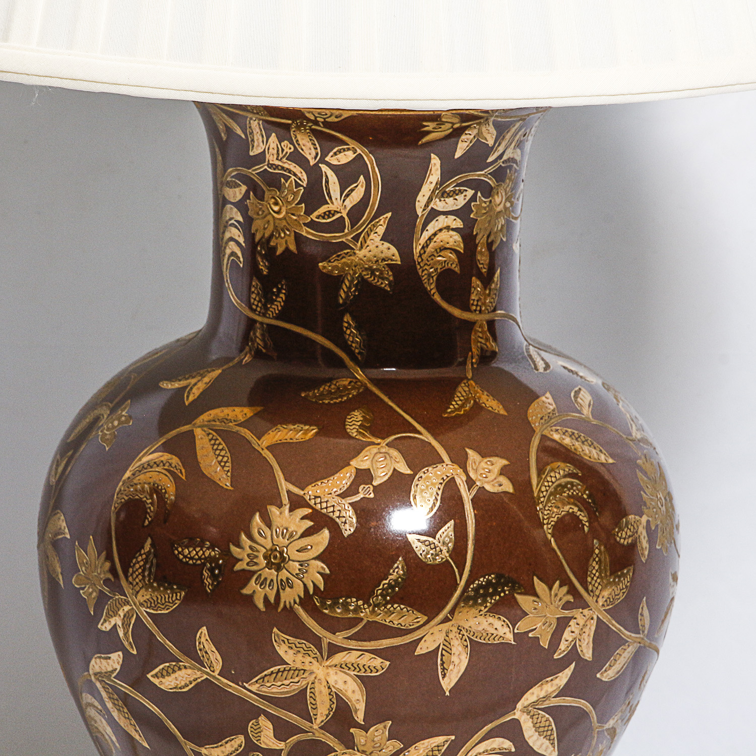 Porcelain Lamp with Brown and Gold Toned Floral Motif