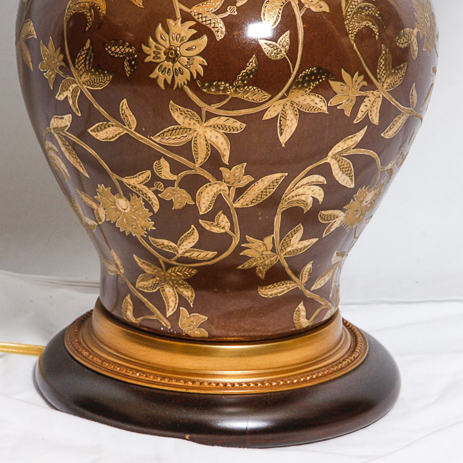 Porcelain Lamp with Brown and Gold Toned Floral Motif