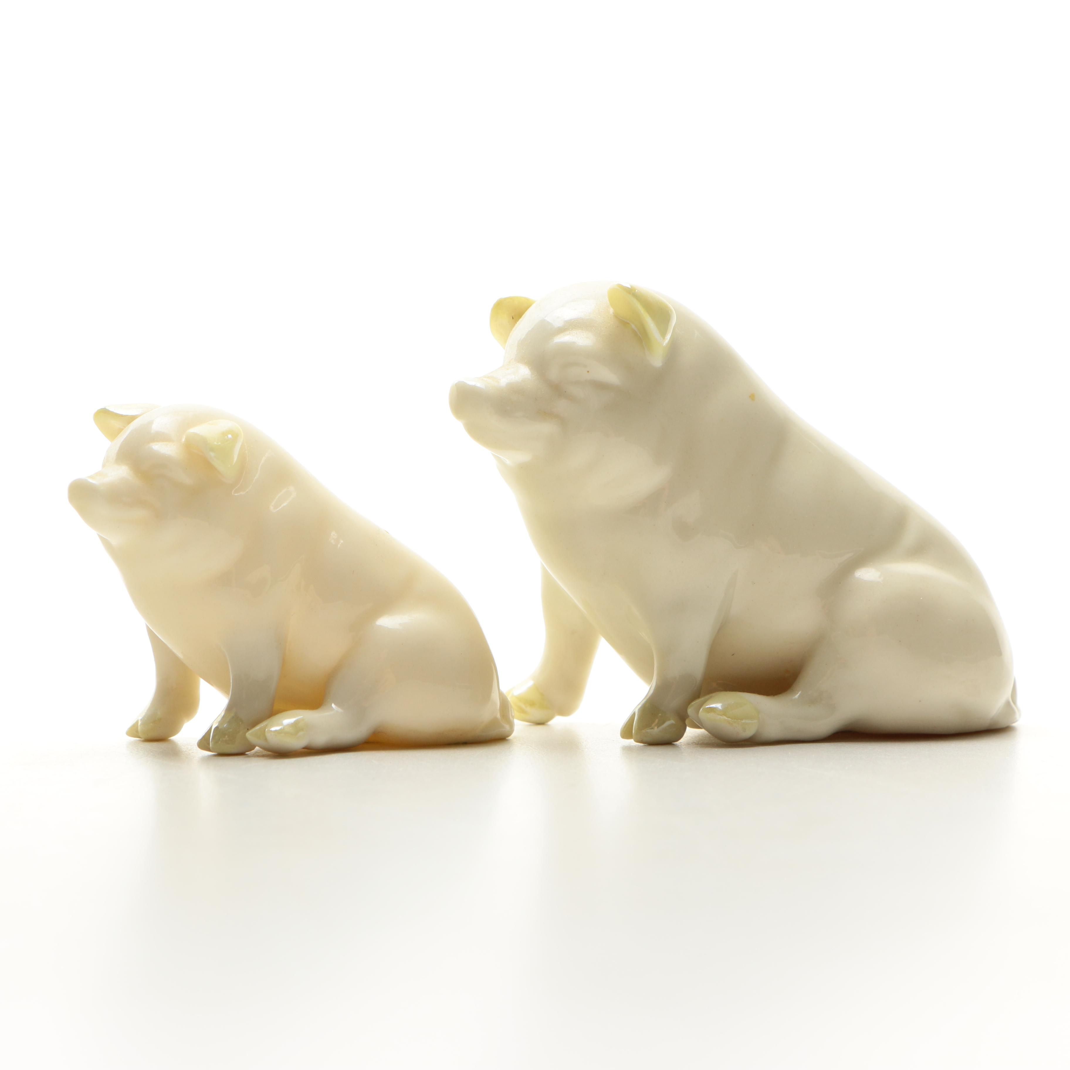 Vintage  Belleek Porcelain Pigs Green Mark