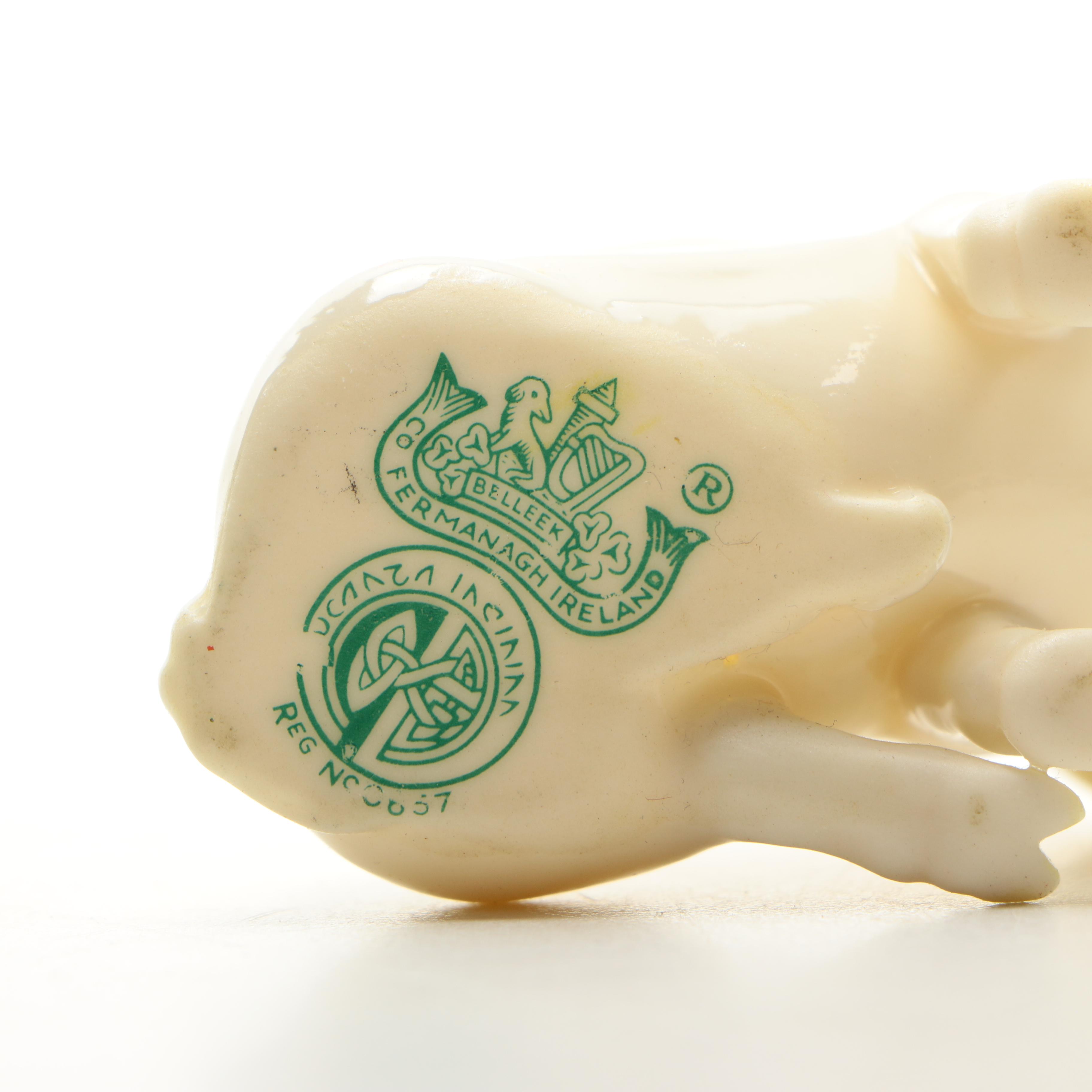 Vintage  Belleek Porcelain Pigs Green Mark