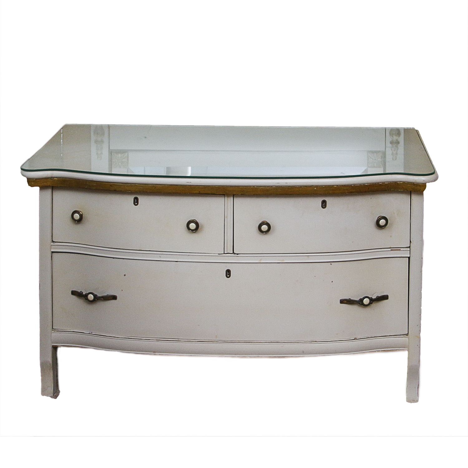 Vintage Low Wooden Glass Top Dresser