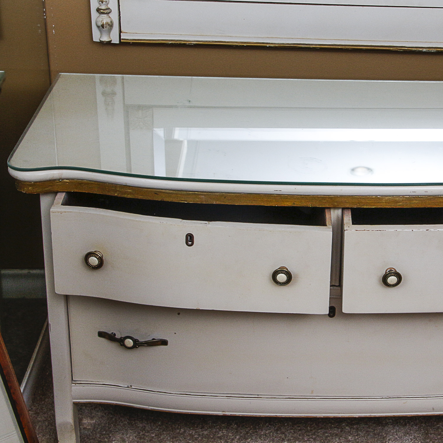 Vintage Low Wooden Glass Top Dresser