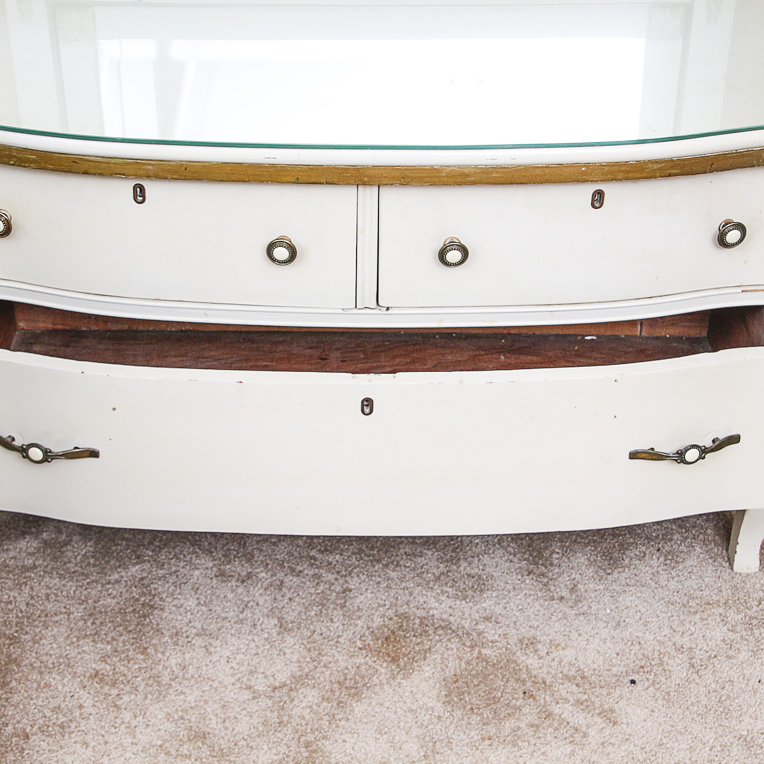 Vintage Low Wooden Glass Top Dresser