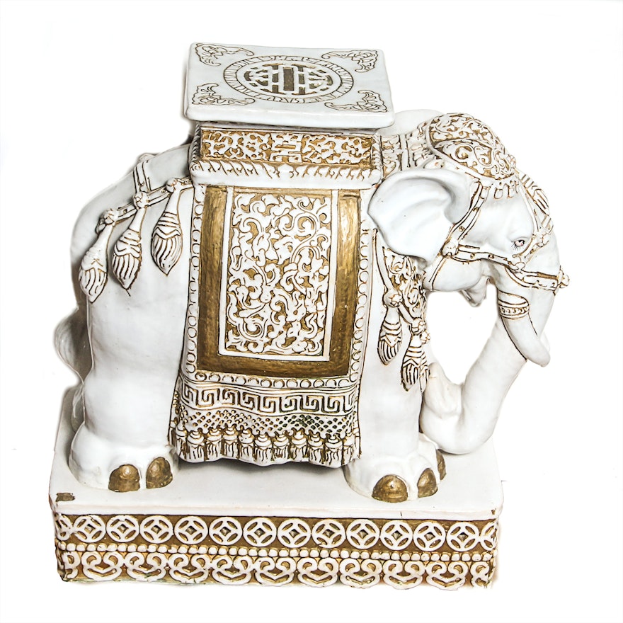 White and Gold-Tone Ceramic Elephant Plant Stand