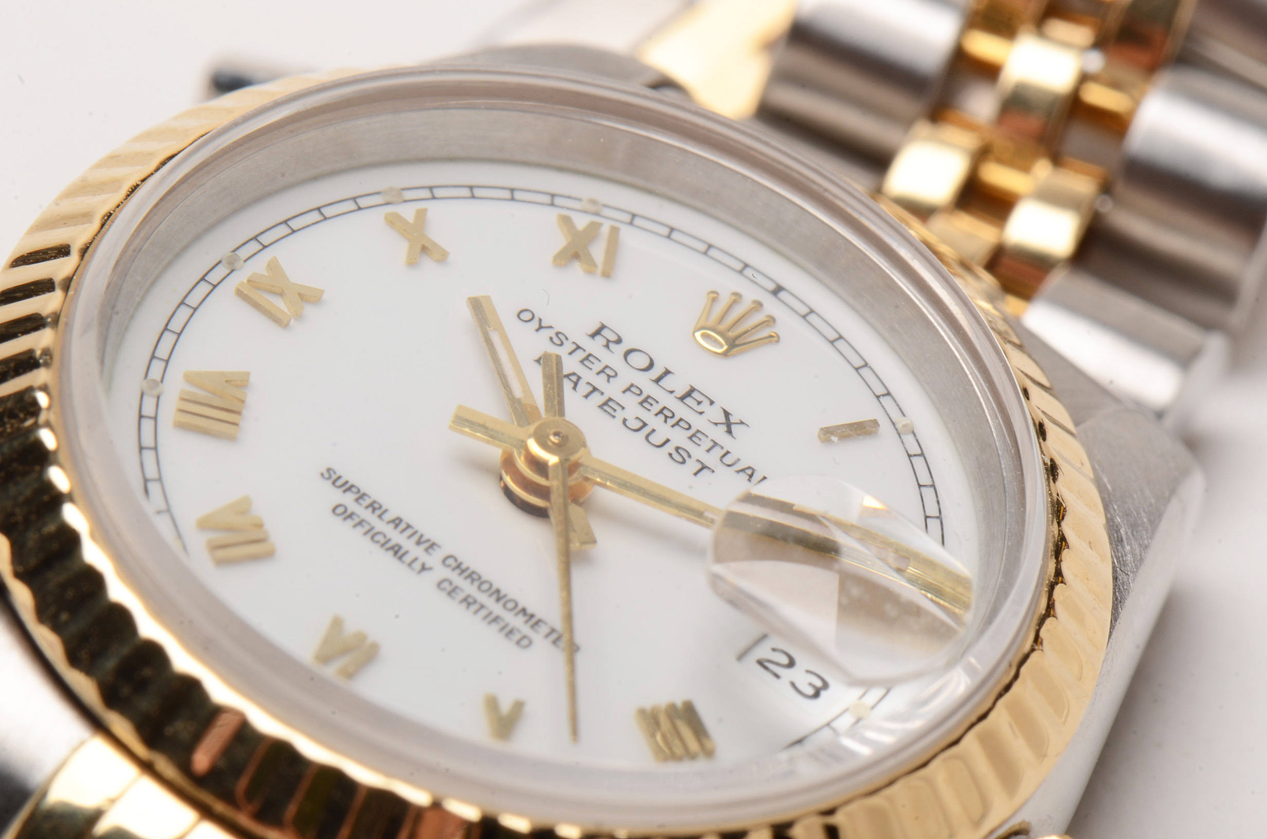 Rolex Datejust 18K Gold & Steel White Roman Automatic Watch