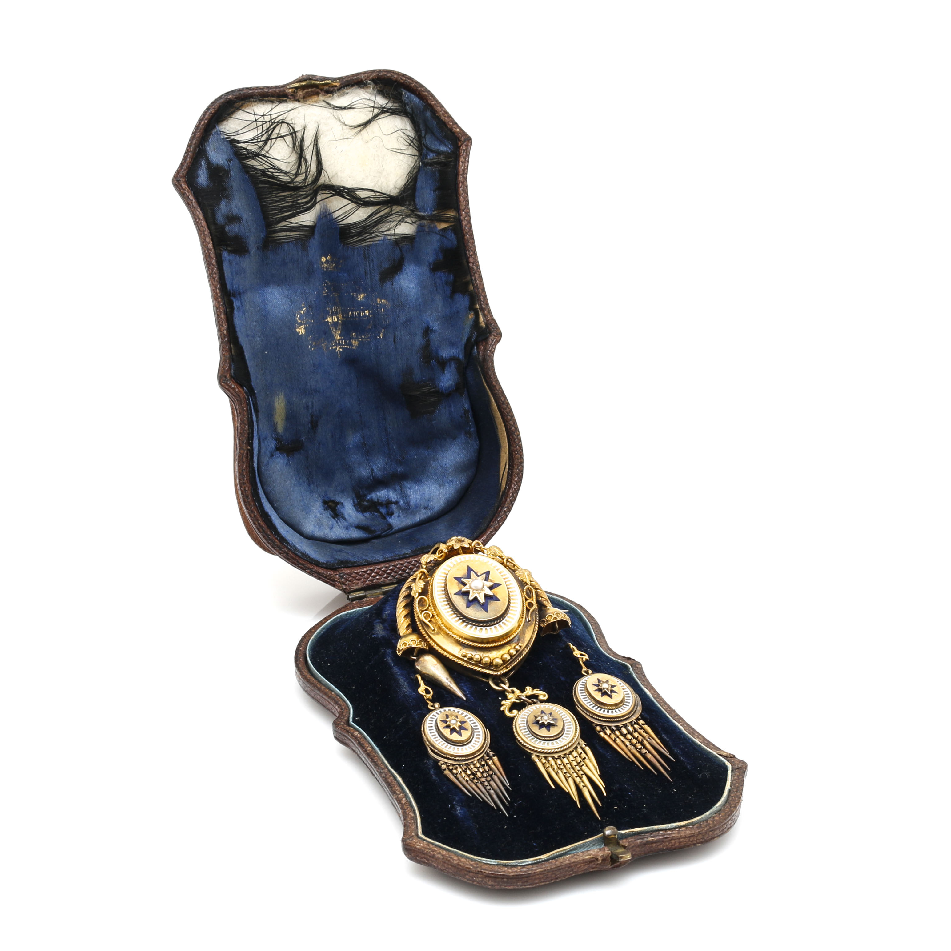 Victorian 14K Yellow Gold and Gold Tone Seed Pearl Enameled Starburst Demi Parure