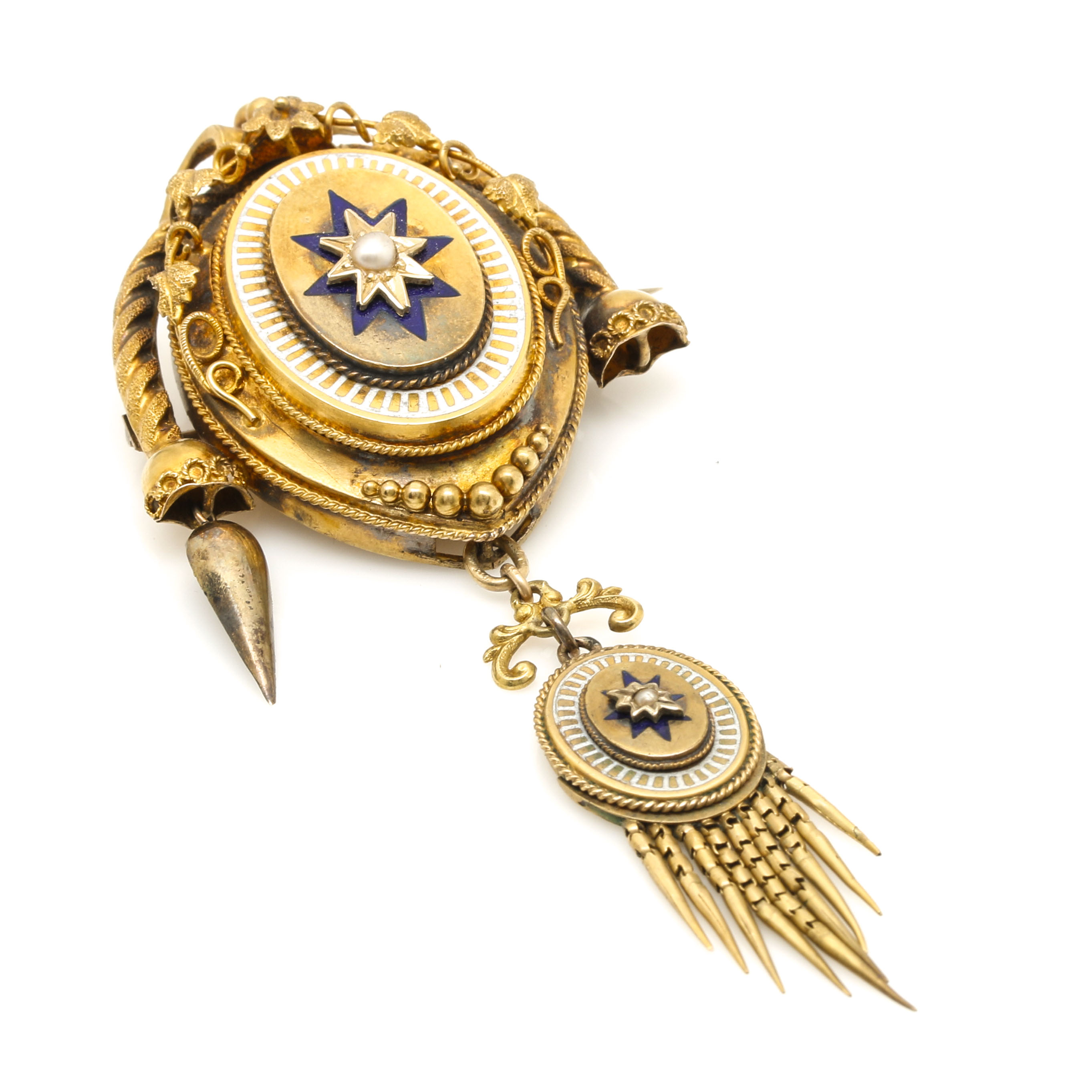 Victorian 14K Yellow Gold and Gold Tone Seed Pearl Enameled Starburst Demi Parure