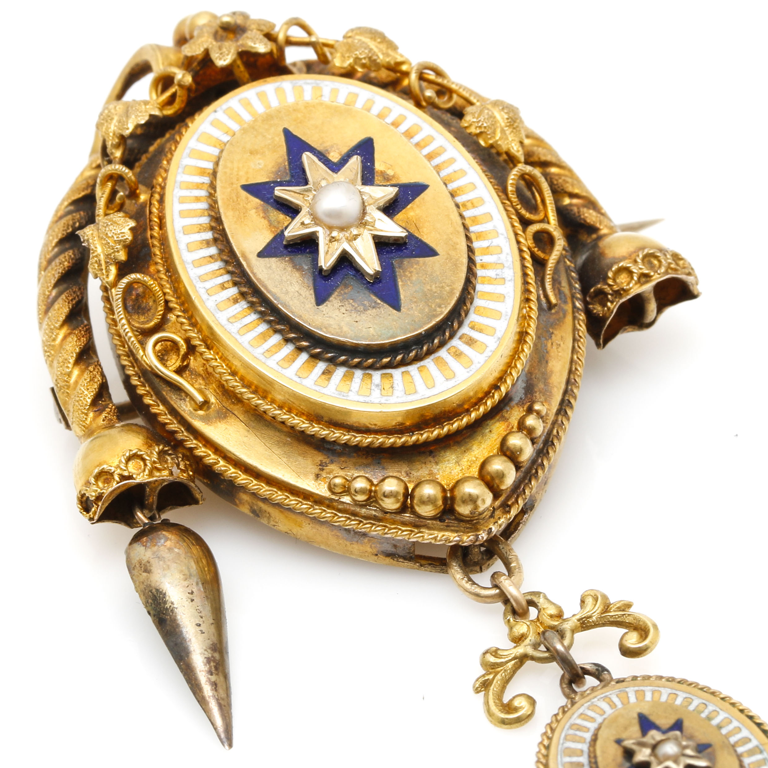 Victorian 14K Yellow Gold and Gold Tone Seed Pearl Enameled Starburst Demi Parure