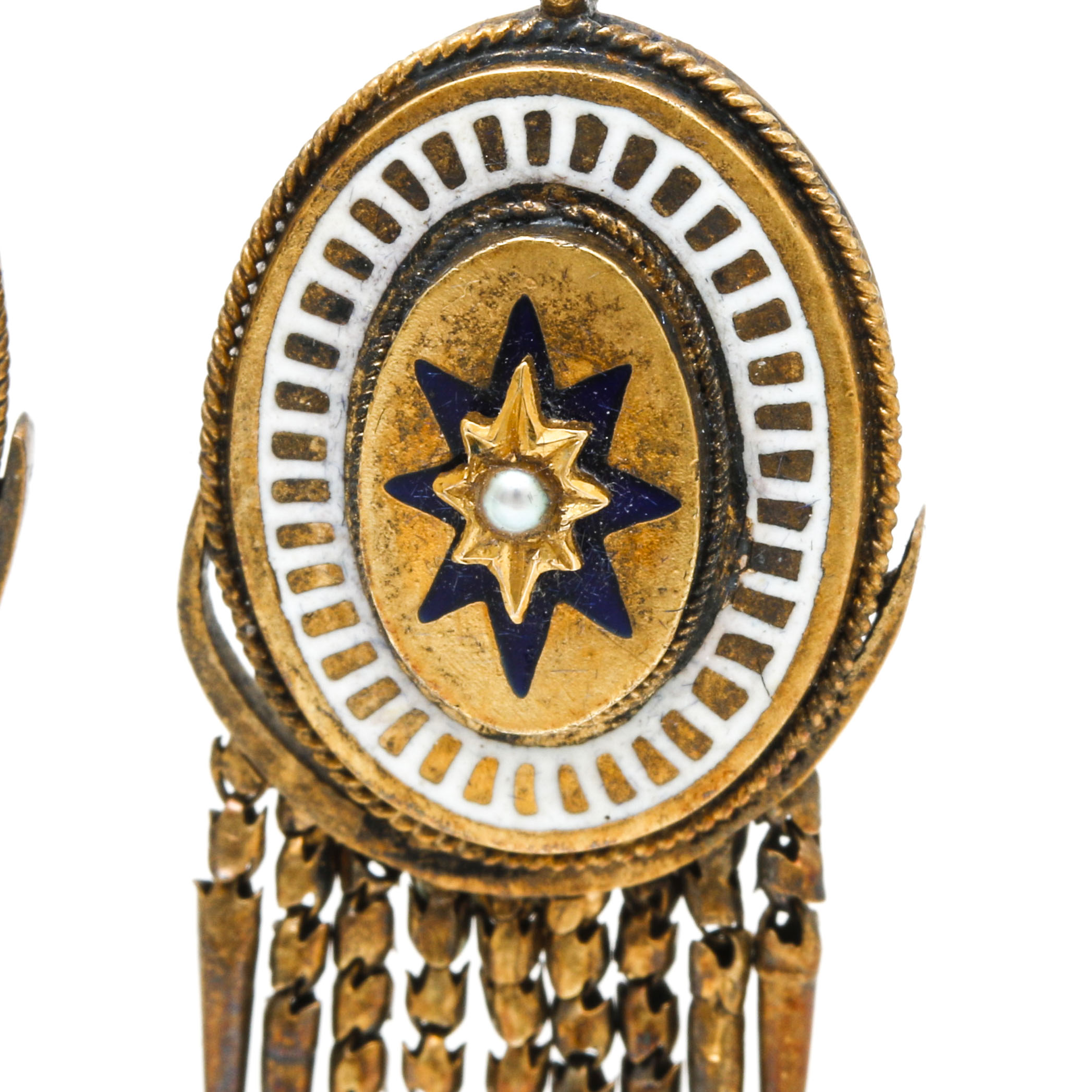 Victorian 14K Yellow Gold and Gold Tone Seed Pearl Enameled Starburst Demi Parure