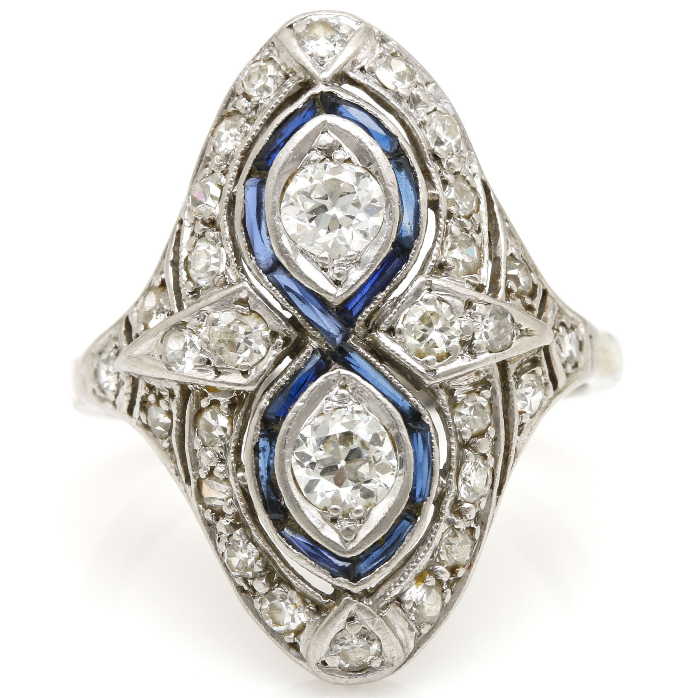 Platinum Diamond and Sapphire Art Deco Ring
