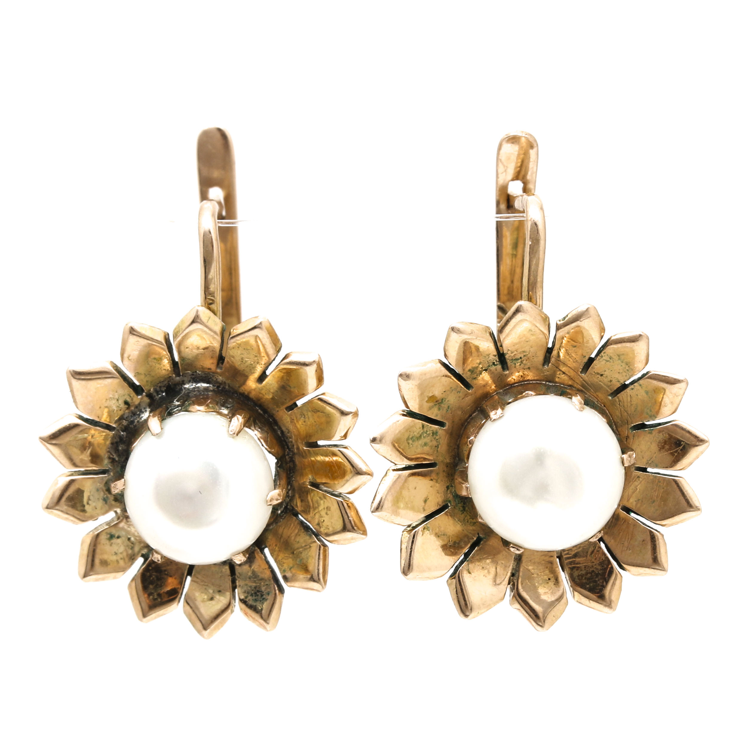 10K Yellow Gold Cultured Pearl Flower Earrings