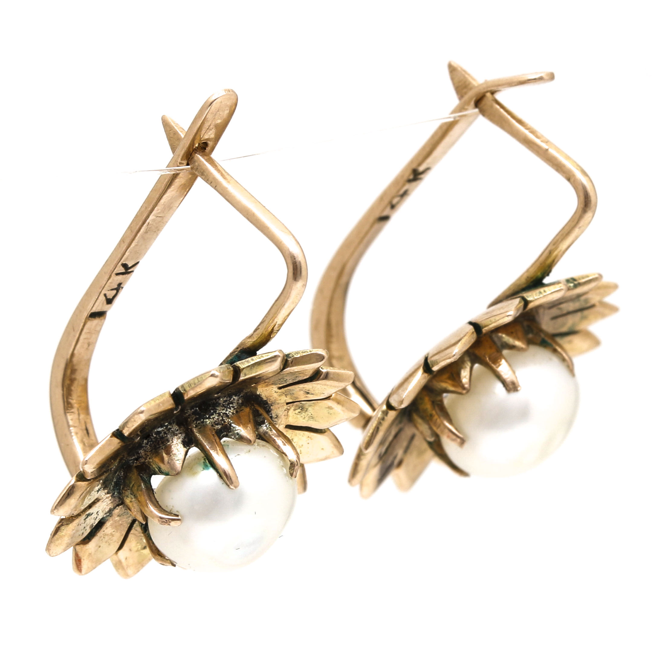 10K Yellow Gold Cultured Pearl Flower Earrings