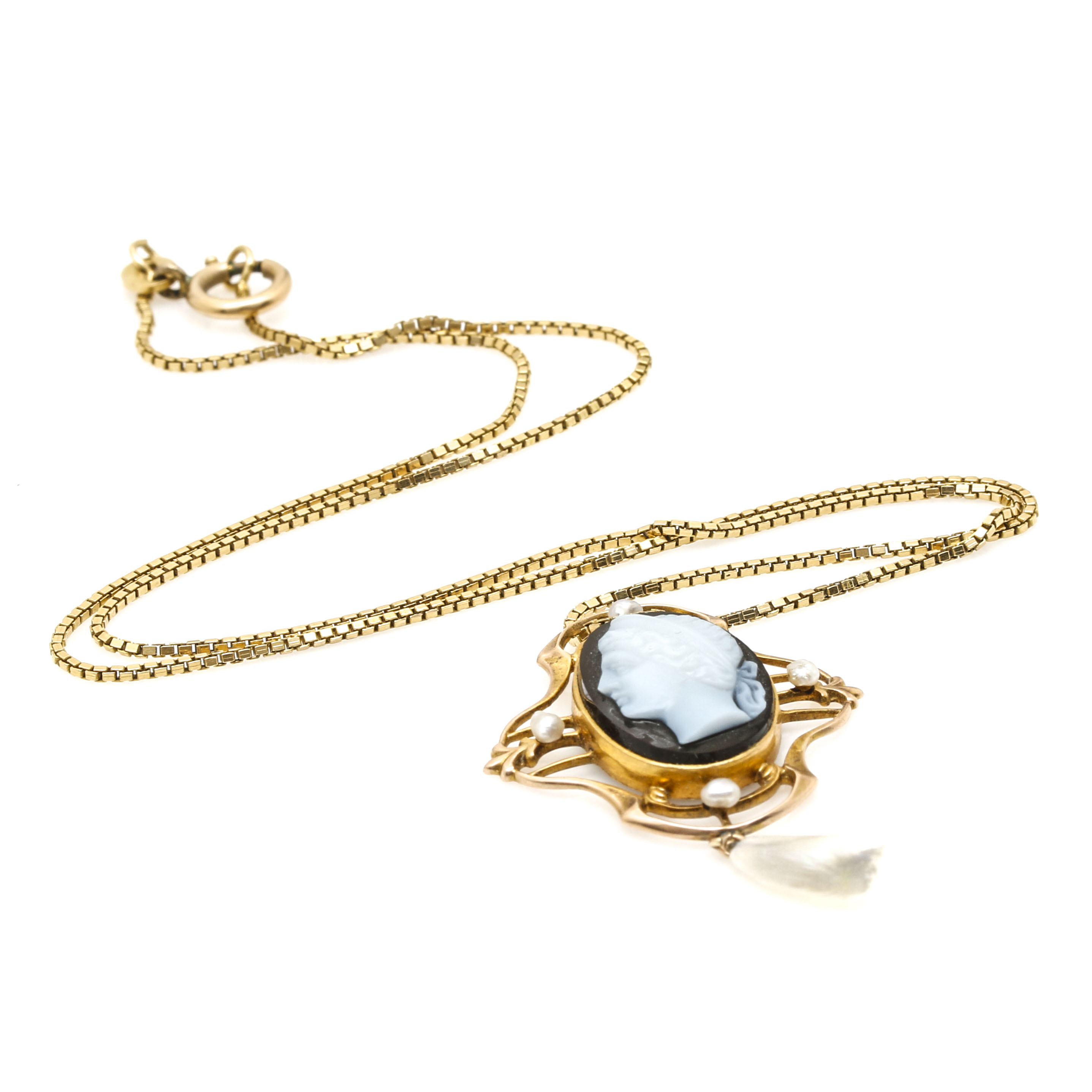 10K and 14K Yellow Gold Onyx Cameo and Pearl Pendant Necklace