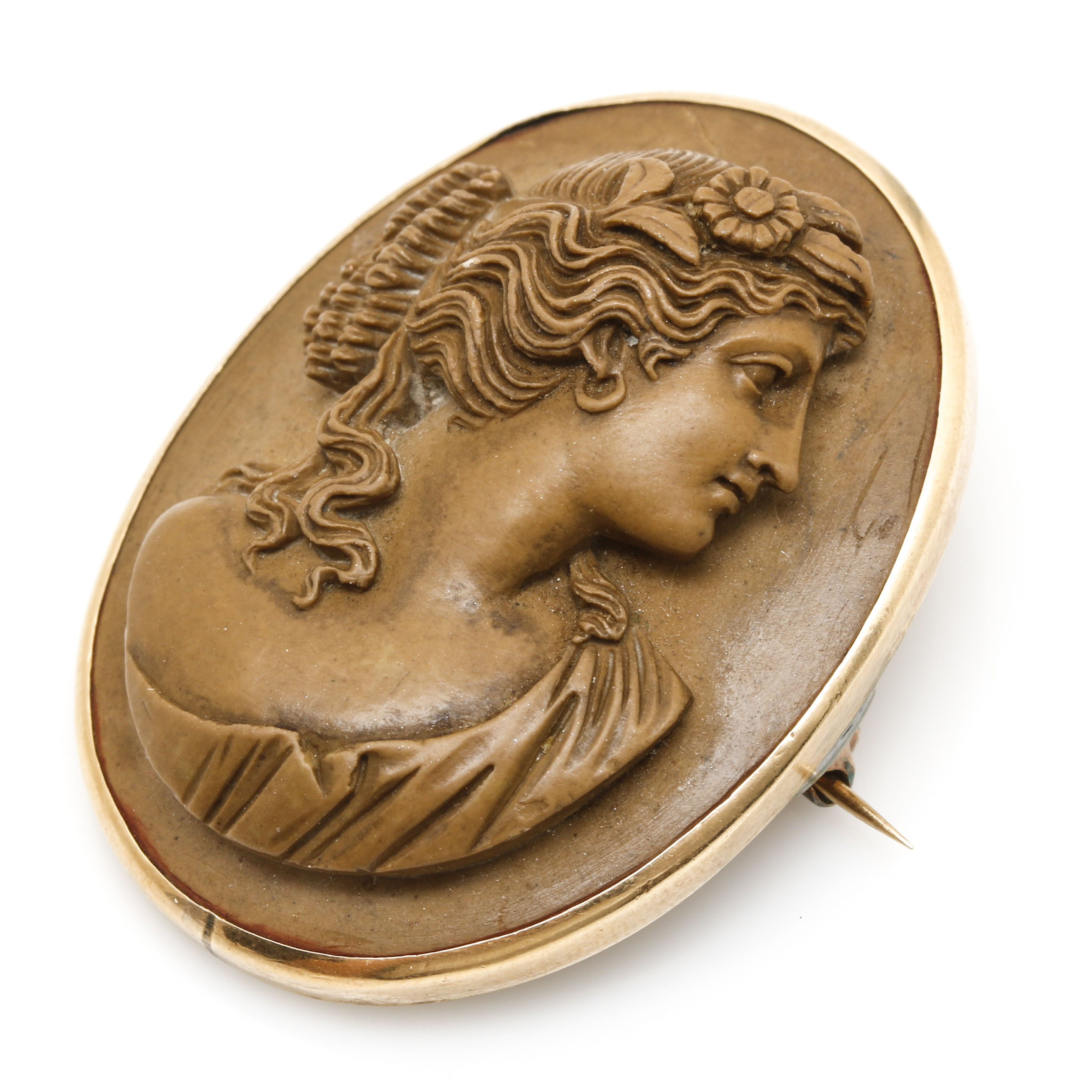 10K Yellow Gold Lava Stone Cameo Brooch