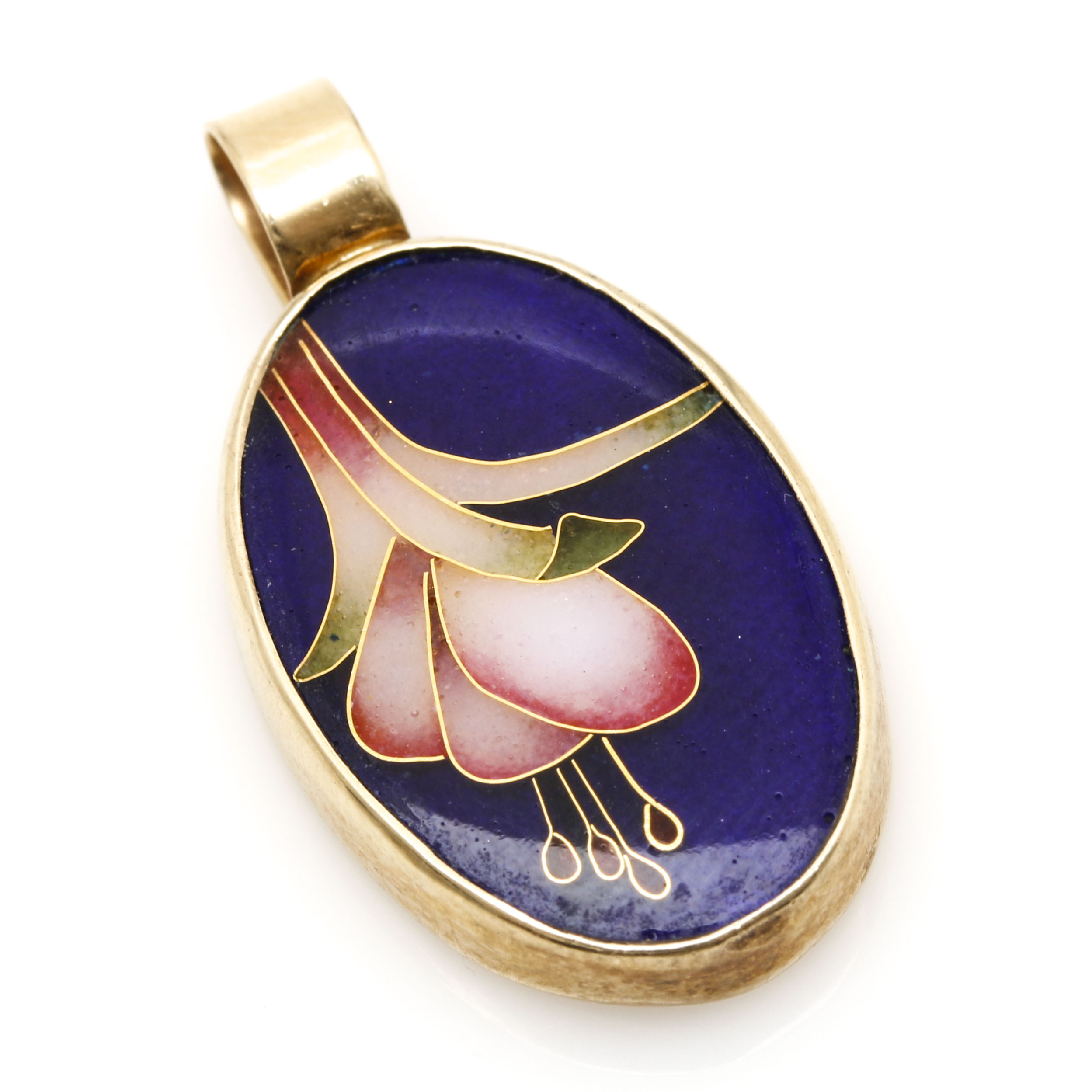 14K Yellow Gold Enamel and Cloisonne Floral Motif Pendant