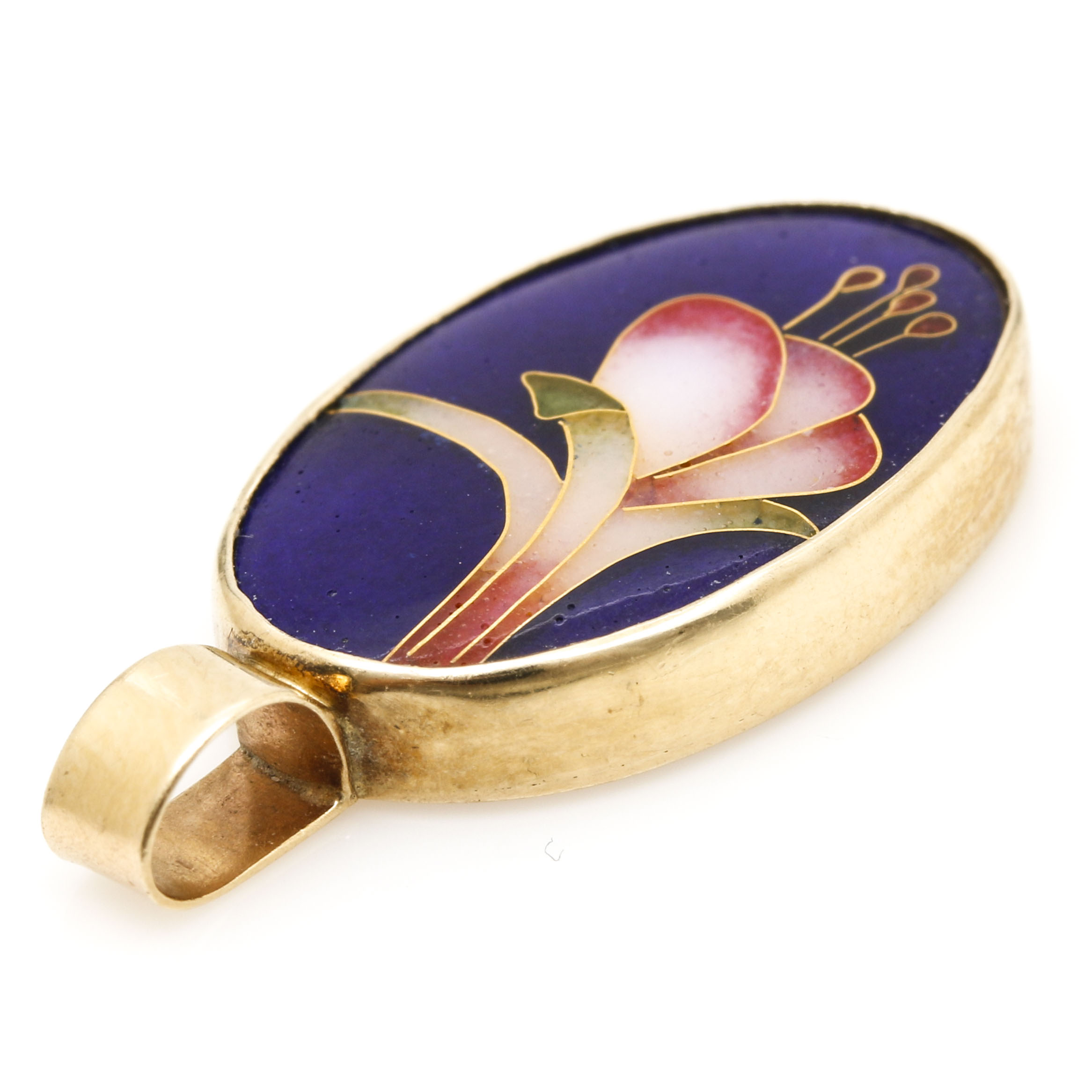 14K Yellow Gold Enamel and Cloisonne Floral Motif Pendant