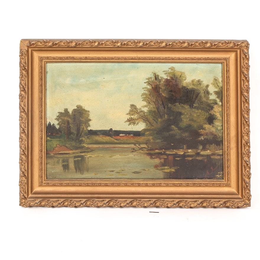 Antique Oil Painting on Academy Board of a Country Landscape