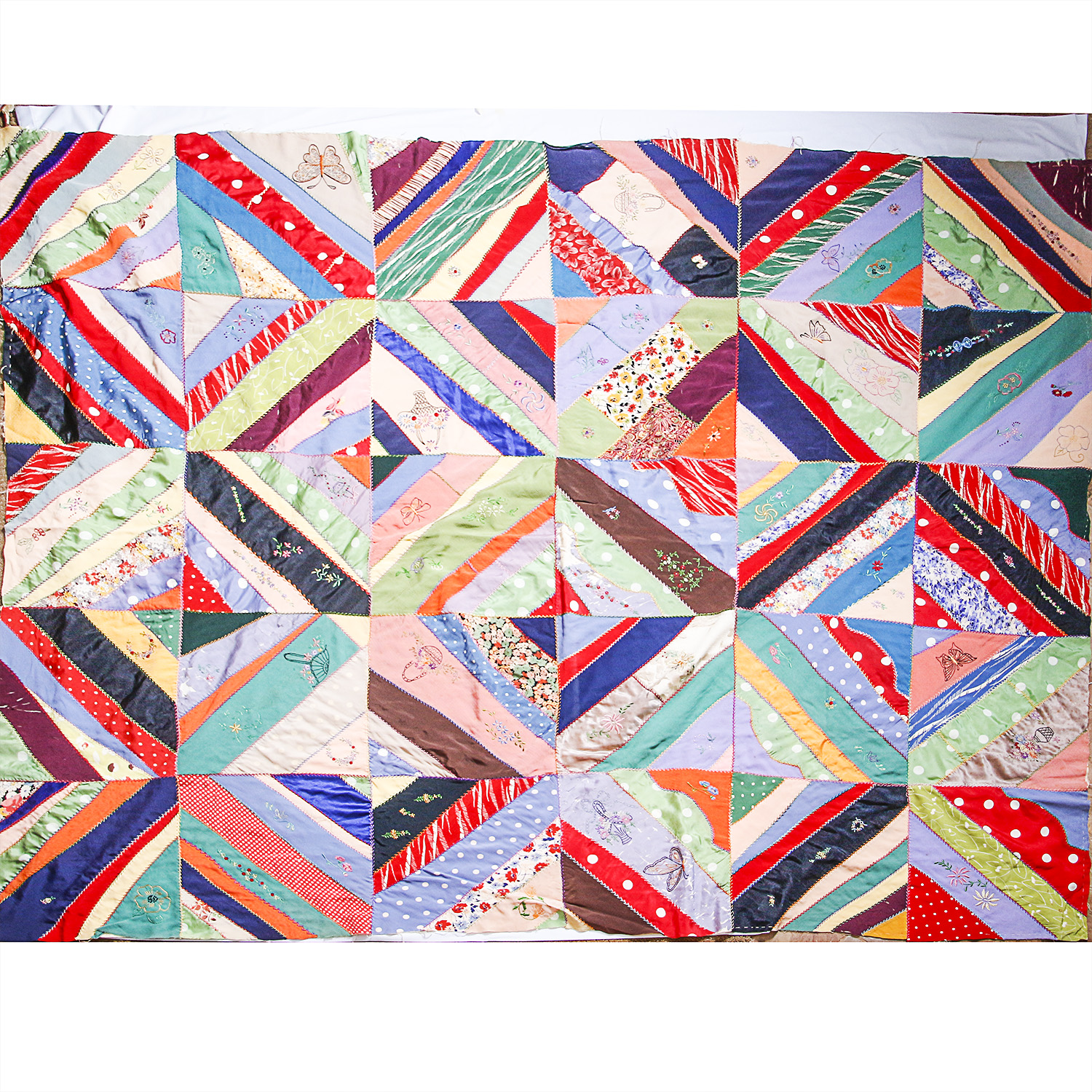 Vintage Hand Sewn and Embroidered Silk Patchwork Quilt