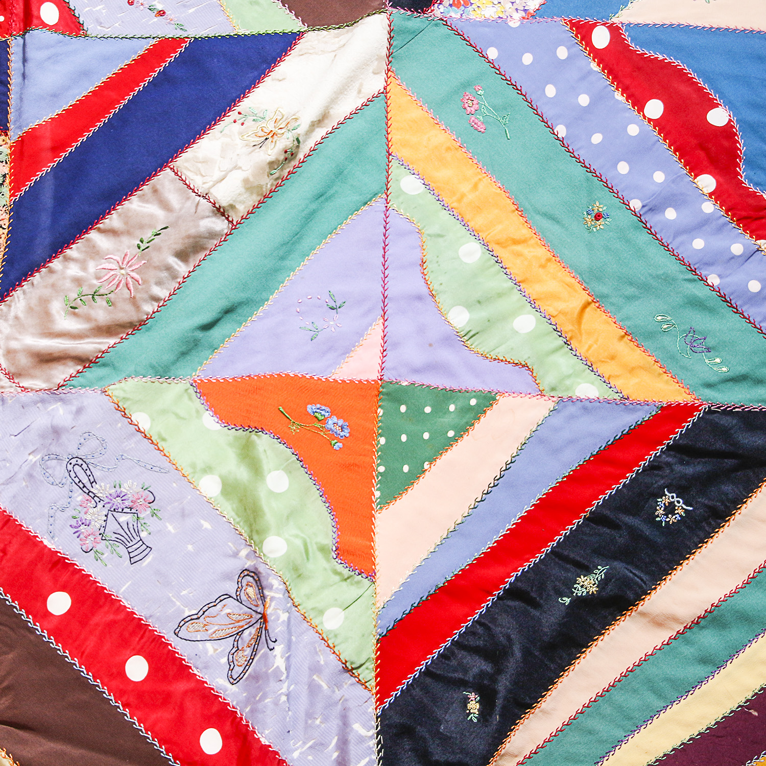 Vintage Hand Sewn and Embroidered Silk Patchwork Quilt