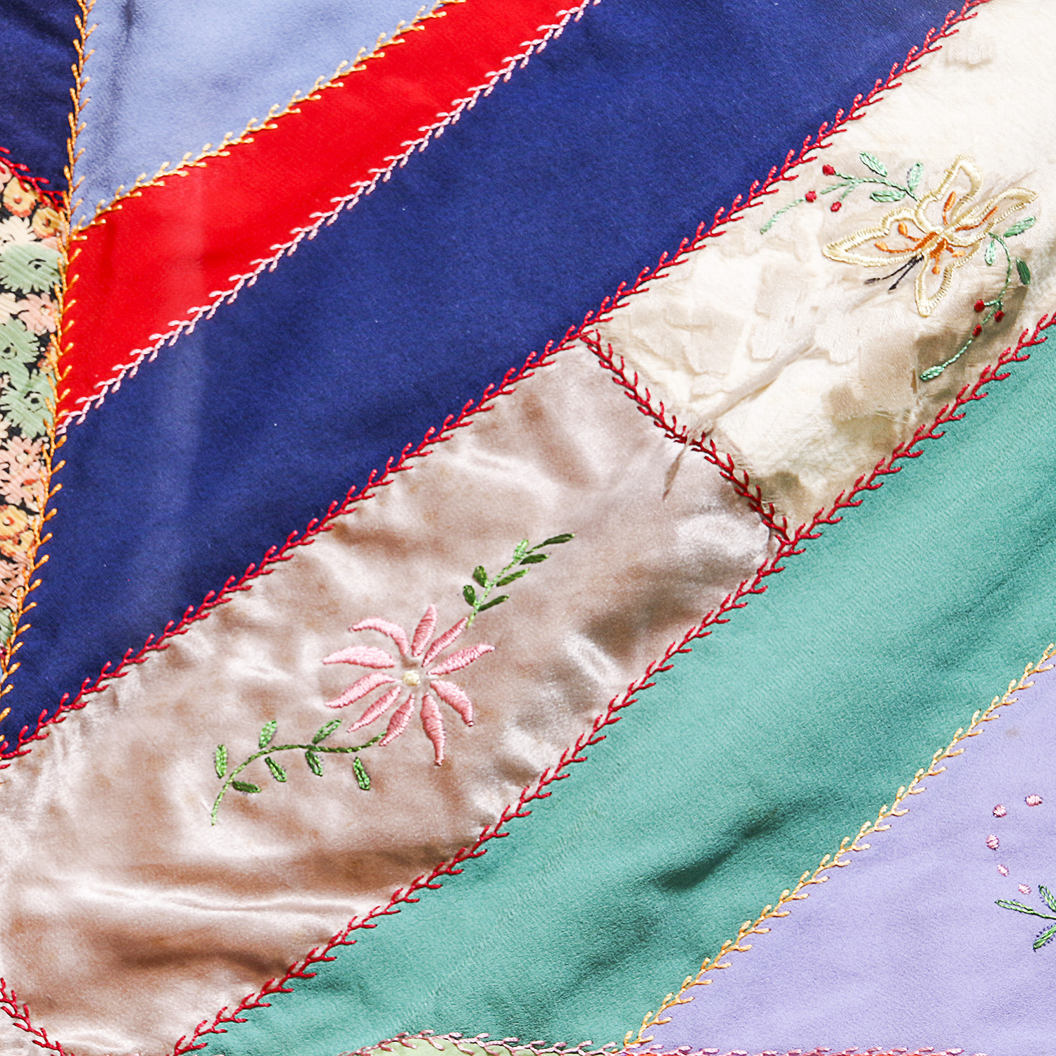 Vintage Hand Sewn and Embroidered Silk Patchwork Quilt