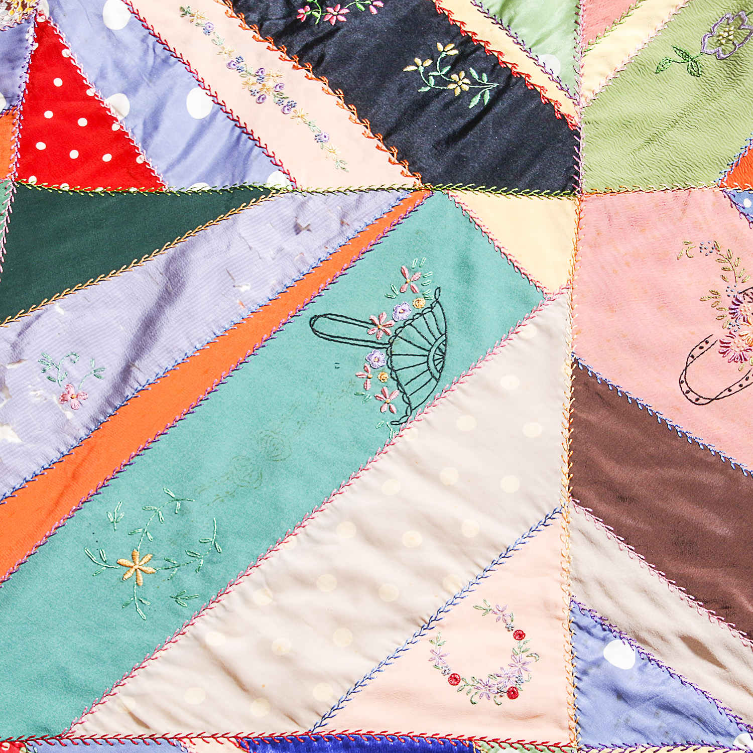 Vintage Hand Sewn and Embroidered Silk Patchwork Quilt