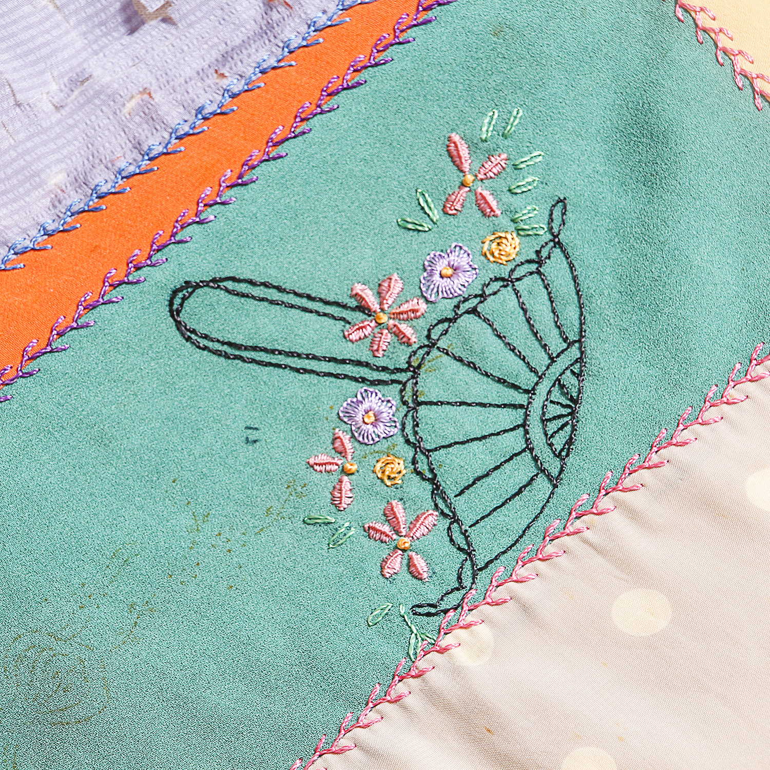 Vintage Hand Sewn and Embroidered Silk Patchwork Quilt