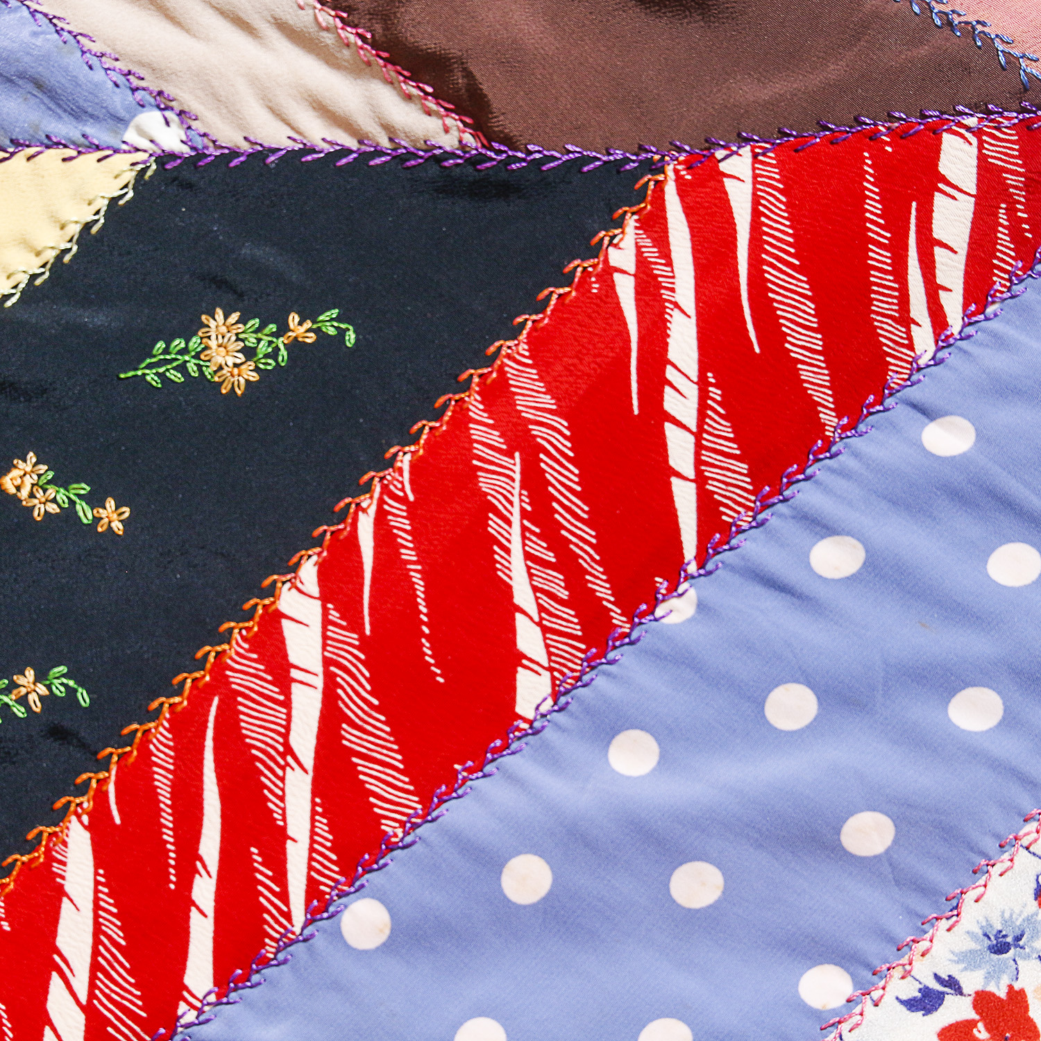 Vintage Hand Sewn and Embroidered Silk Patchwork Quilt