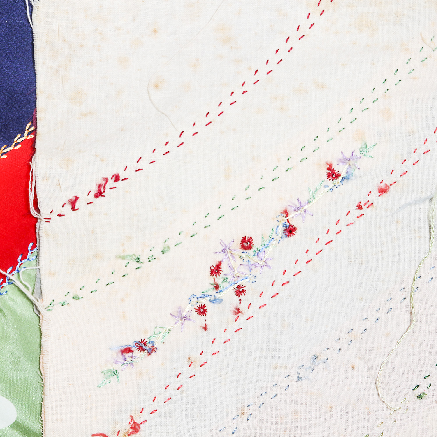 Vintage Hand Sewn and Embroidered Silk Patchwork Quilt