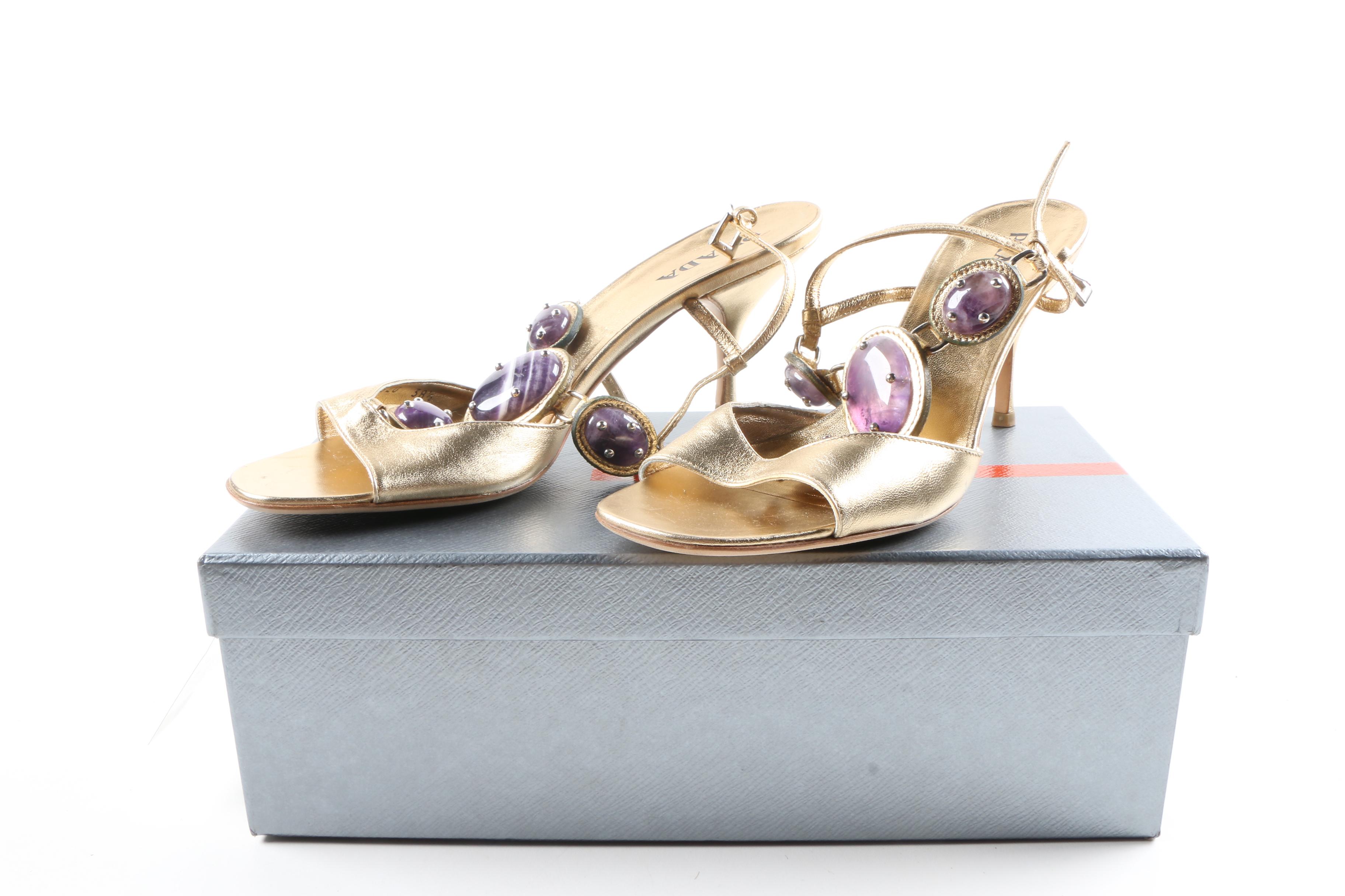 Women's Prada Metallic Gold Sandals