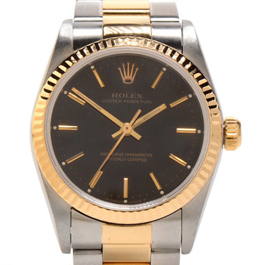 Rolex Oyster Perpetual Mid-Size 18K Gold & Steel Black Automatic