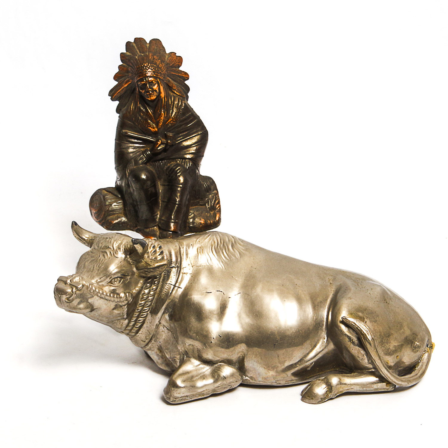 Vintage Metal Bull and Native American Figurines