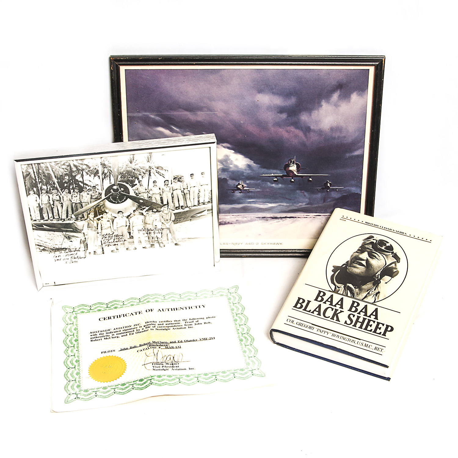 WWII Blacksheep Framed Autographed Photograph and Other Memorabilia