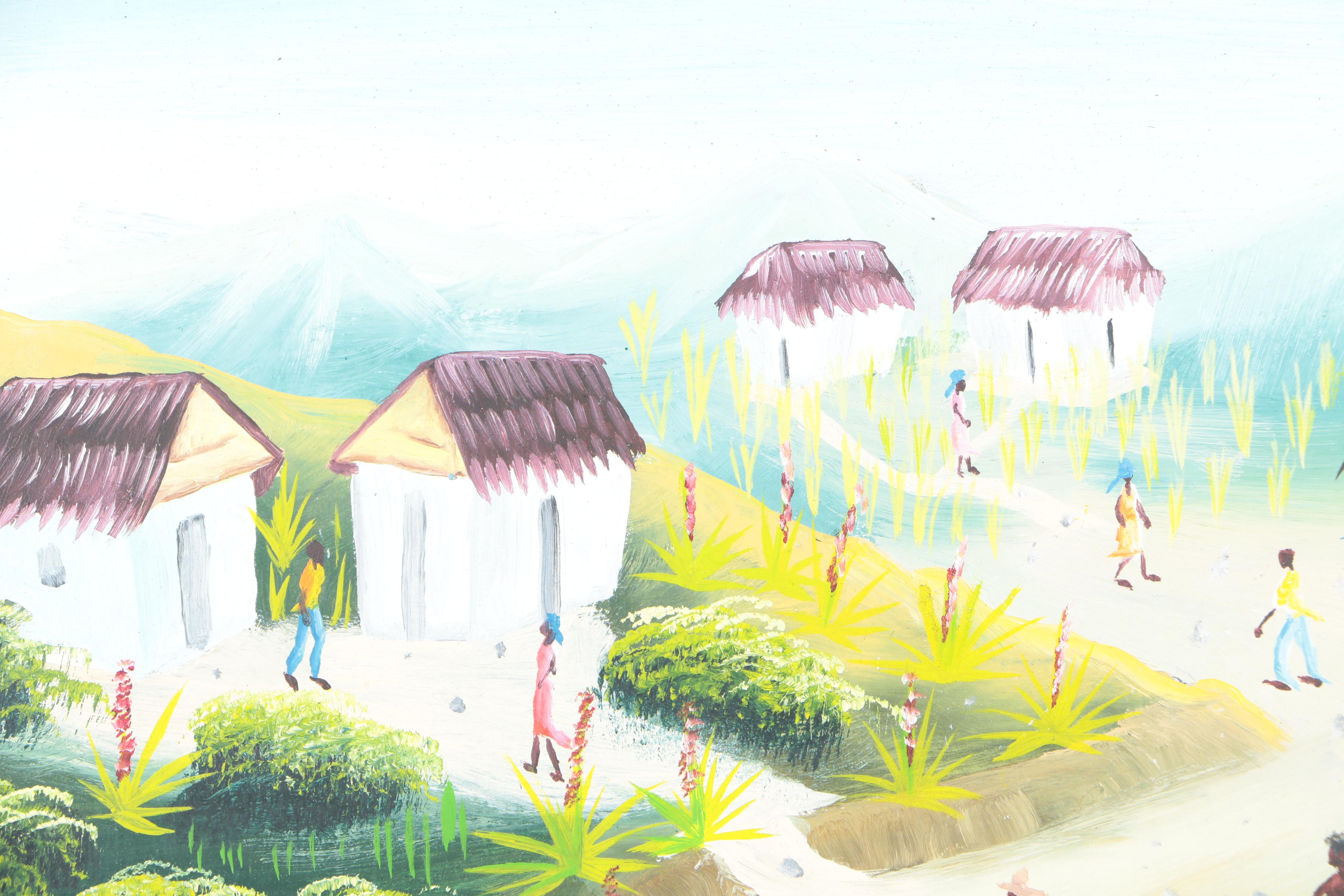 Framed Acrylic Painting of Figures in a Pond