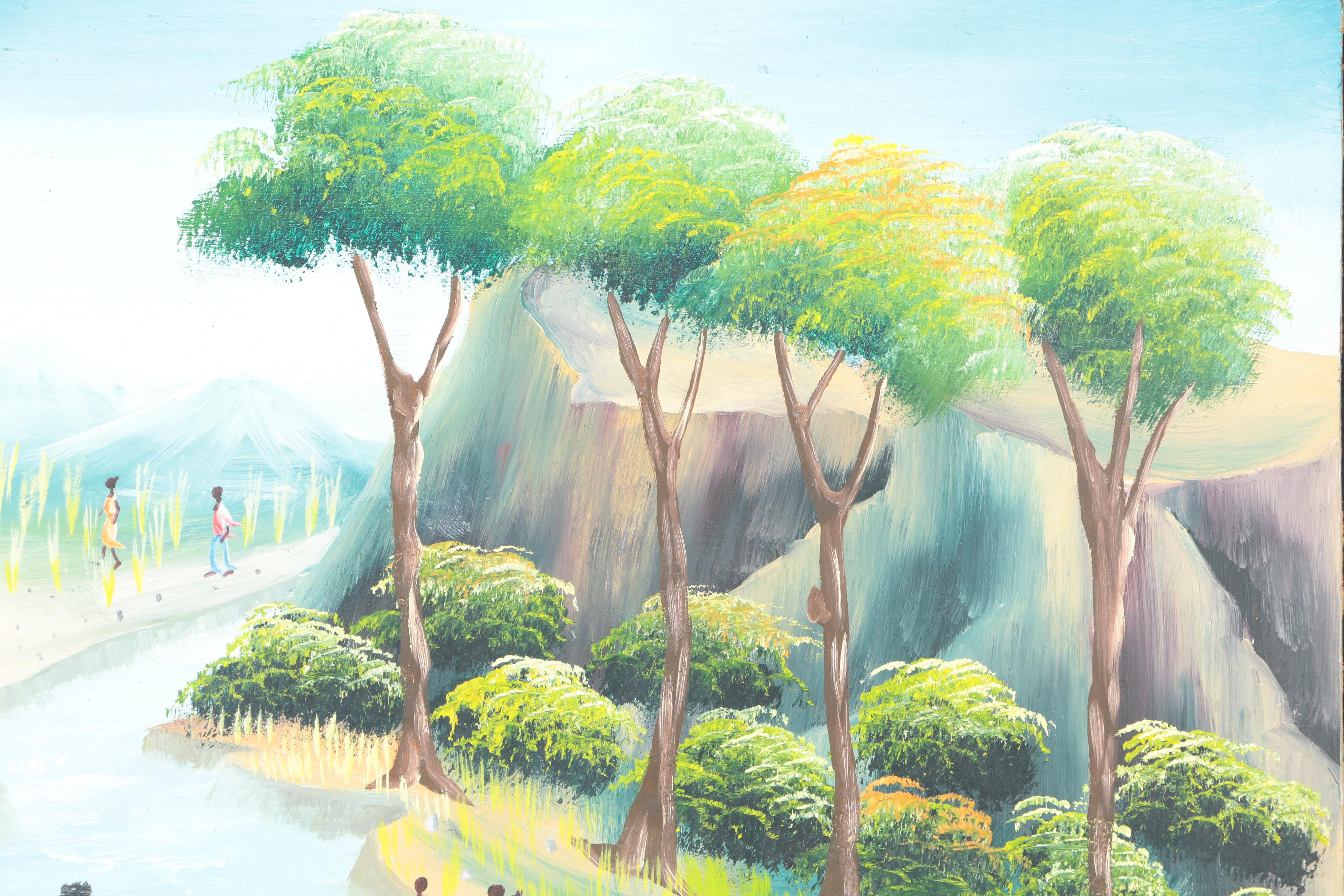 Framed Acrylic Painting of Figures in a Pond