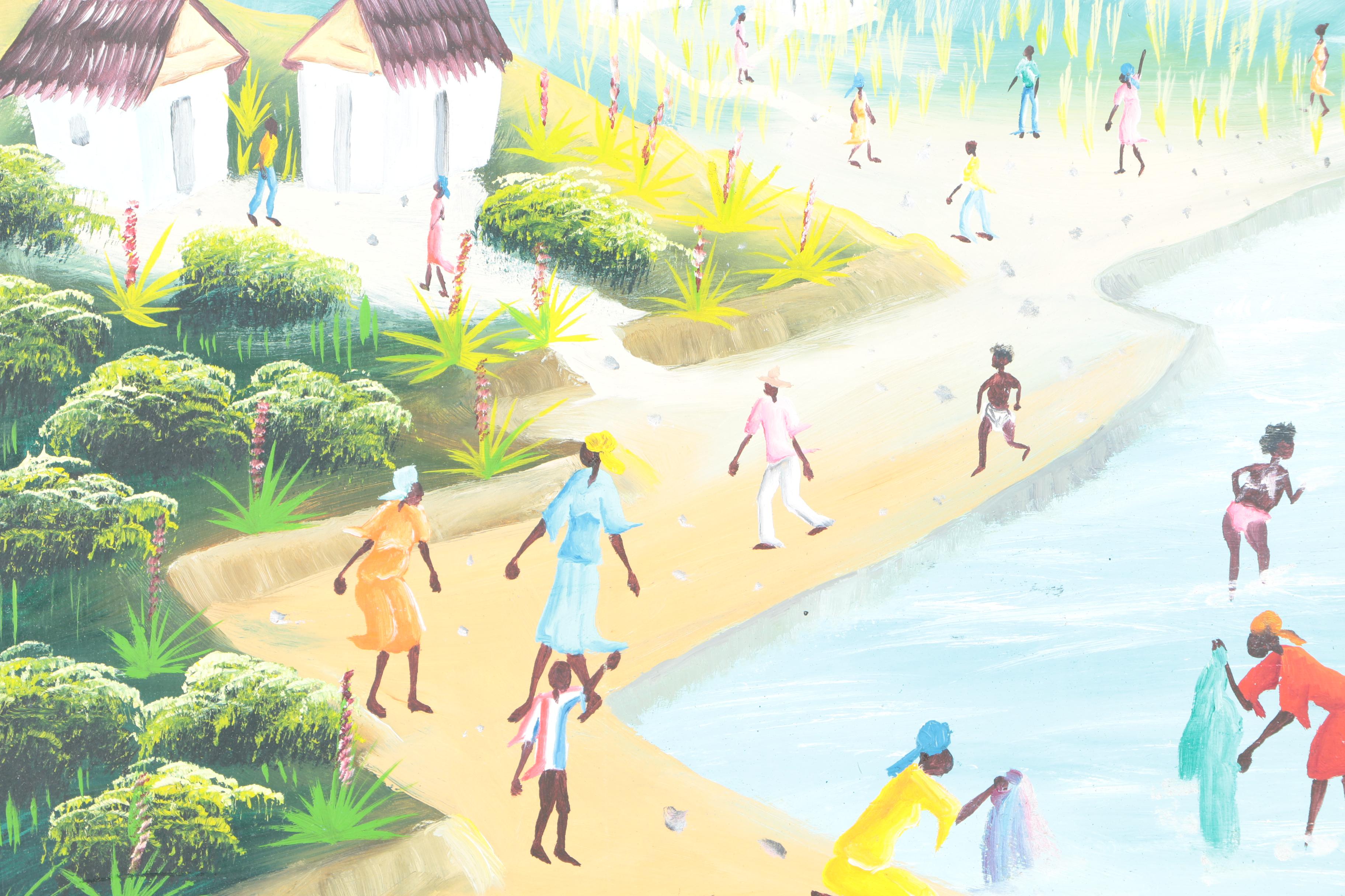 Framed Acrylic Painting of Figures in a Pond