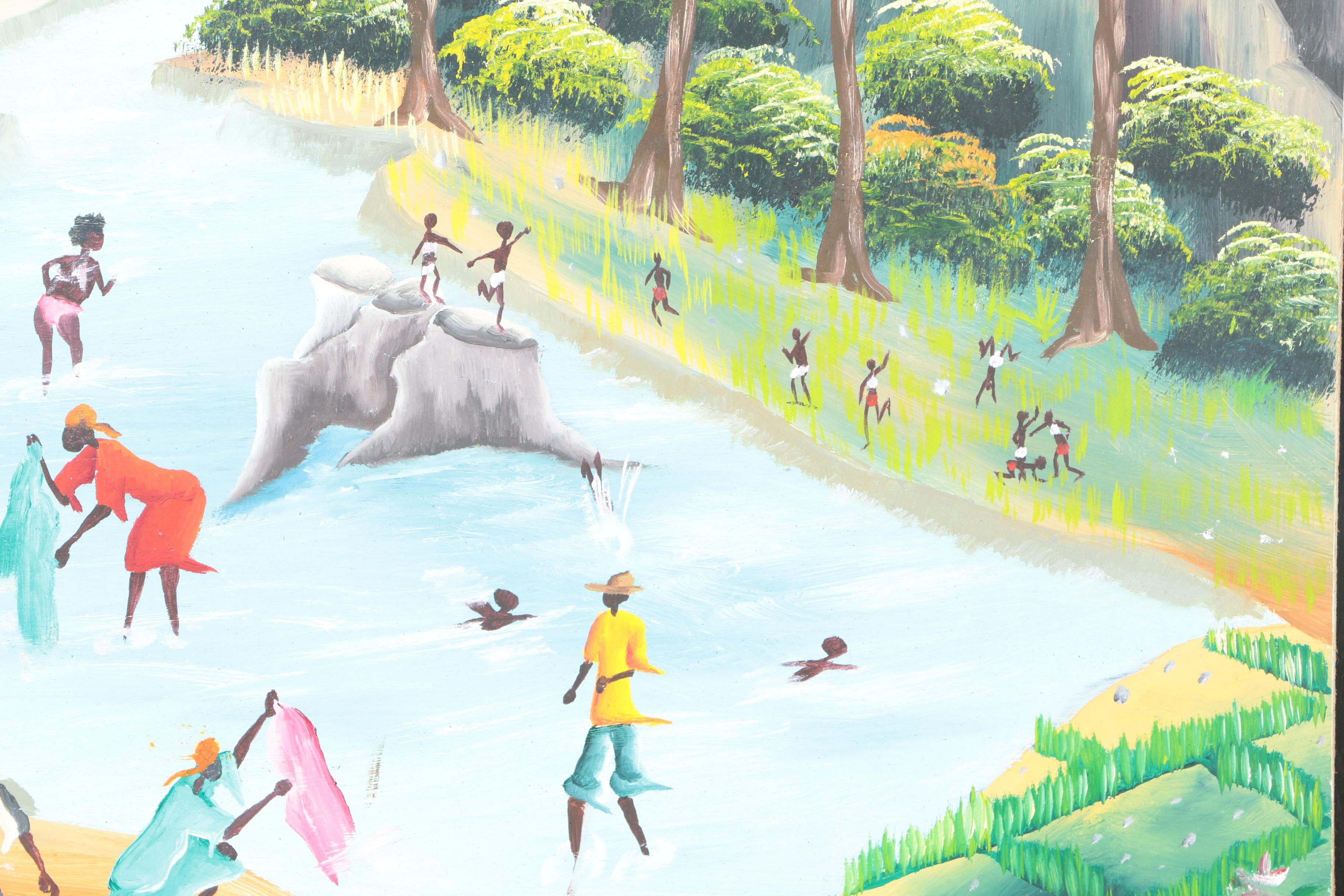 Framed Acrylic Painting of Figures in a Pond