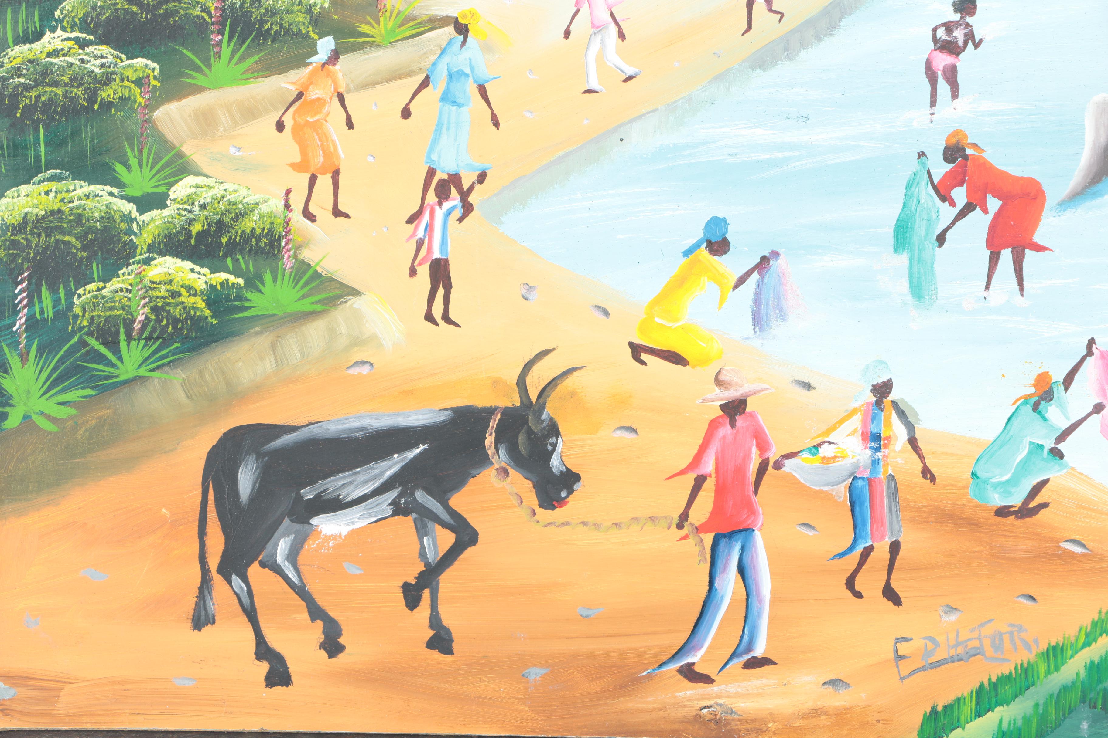 Framed Acrylic Painting of Figures in a Pond