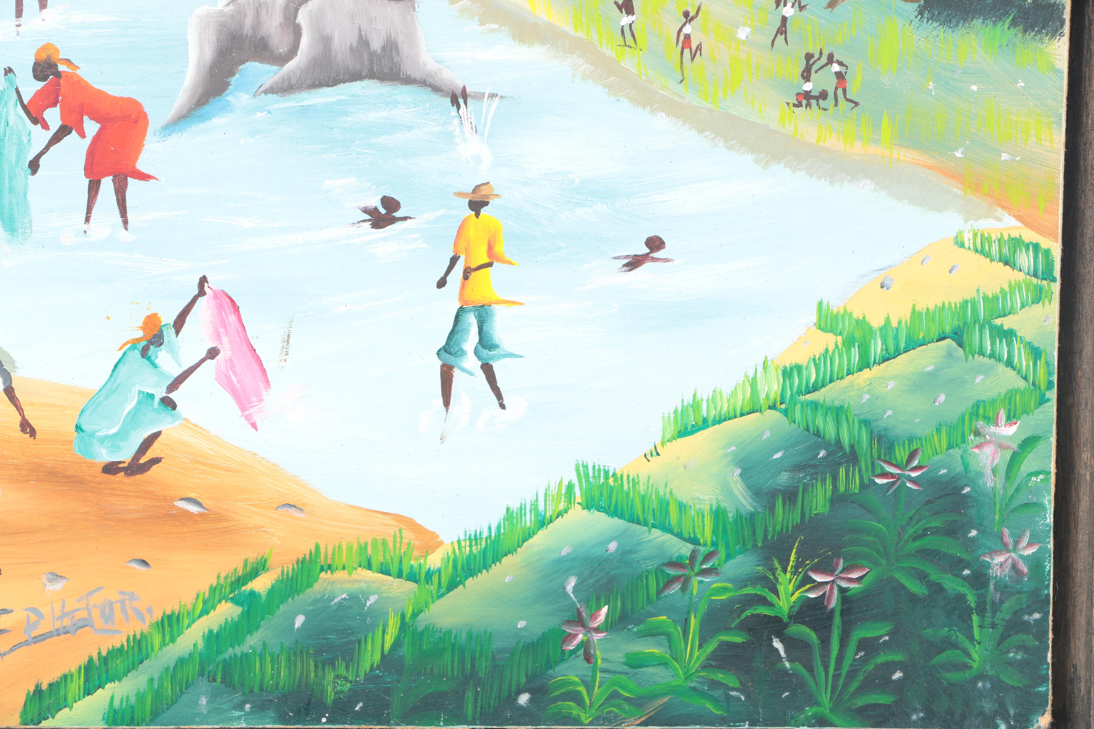 Framed Acrylic Painting of Figures in a Pond