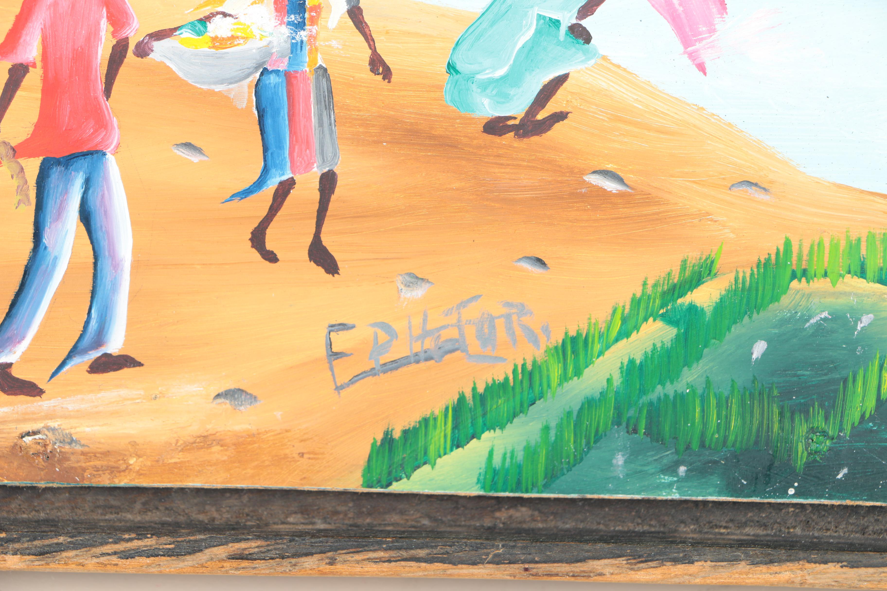 Framed Acrylic Painting of Figures in a Pond