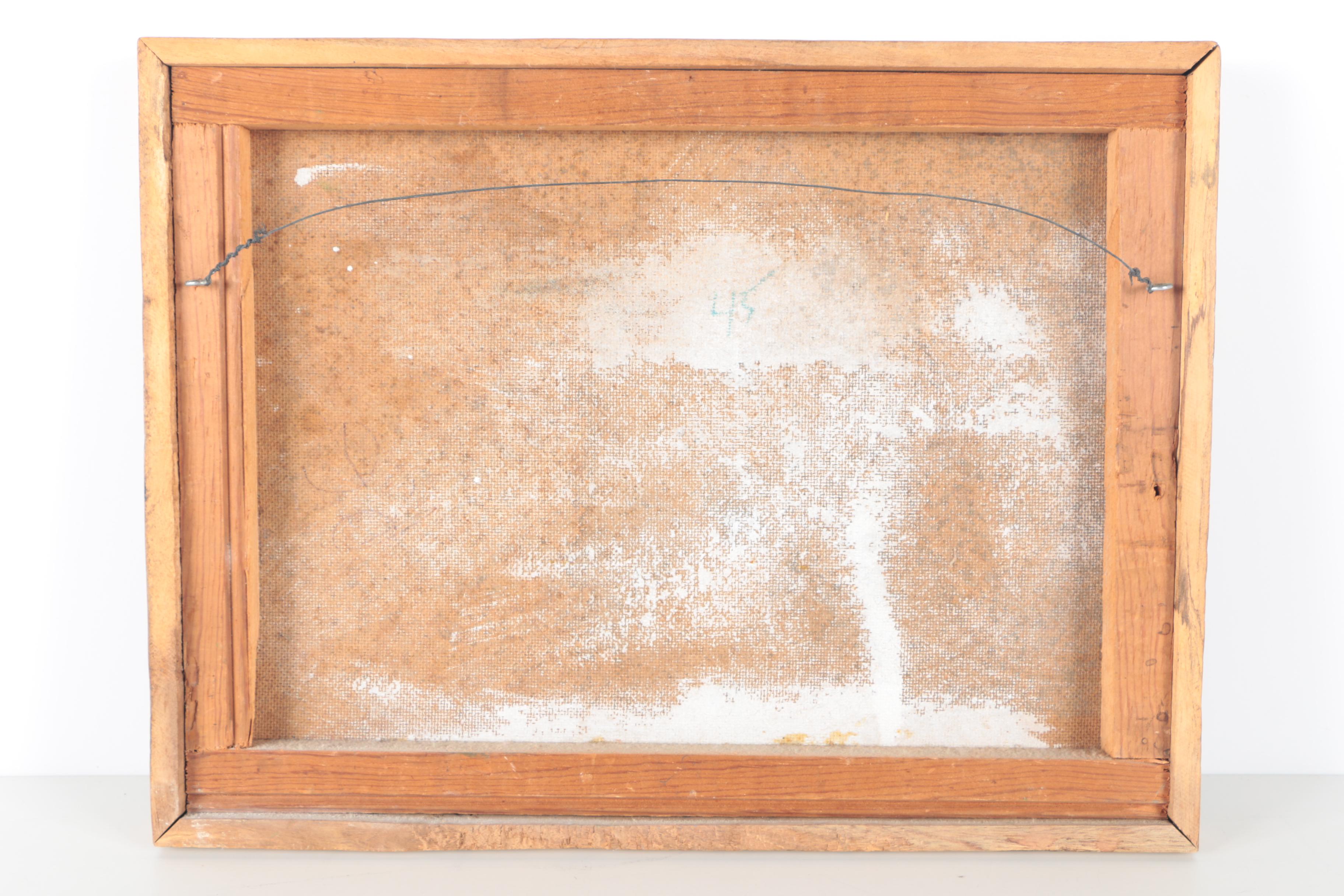 Framed Acrylic Painting of Figures in a Pond