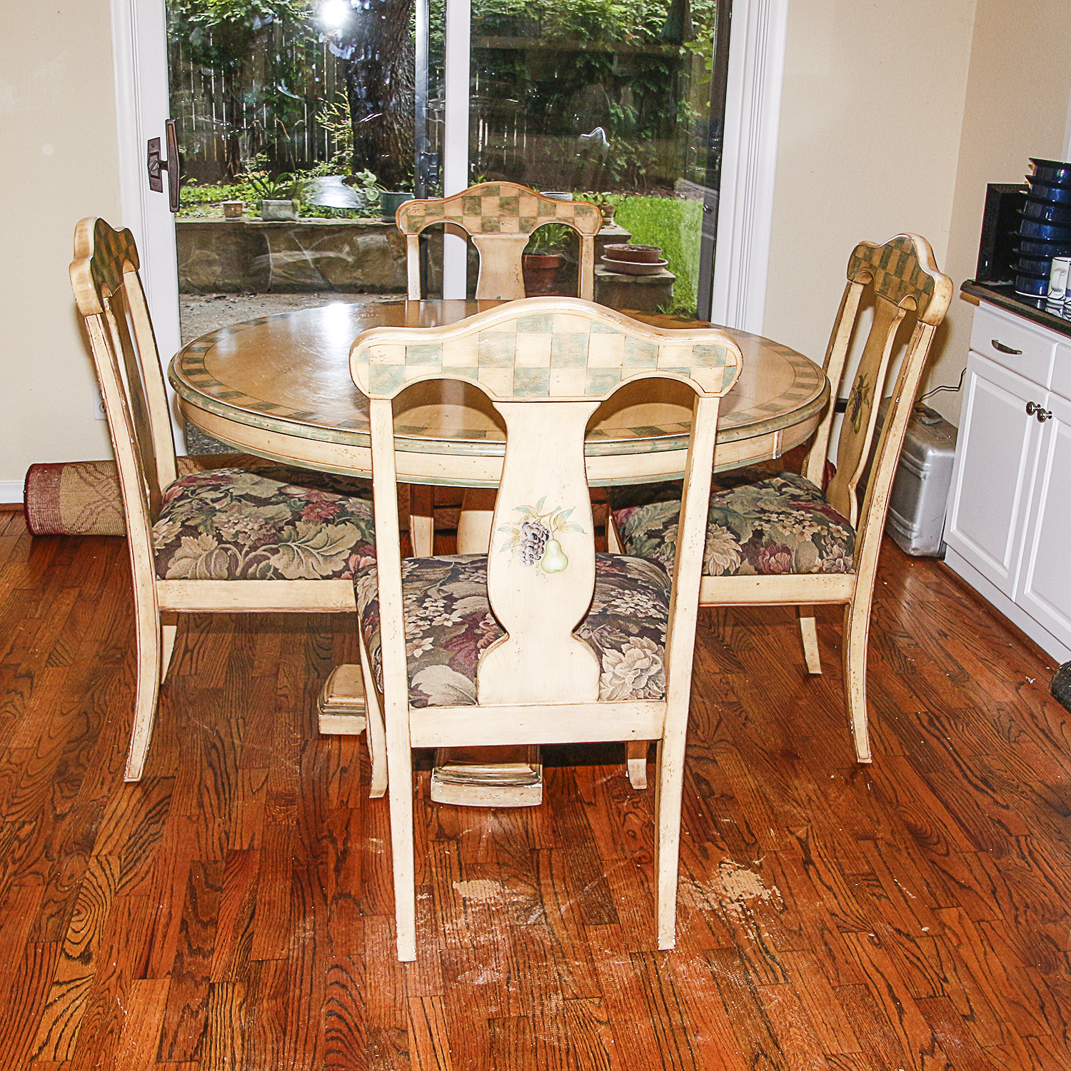 Handpainted Fruit Motif Dining Table Set with Four Chairs