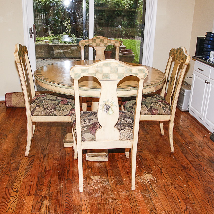 Handpainted Fruit Motif Dining Table Set with Four Chairs