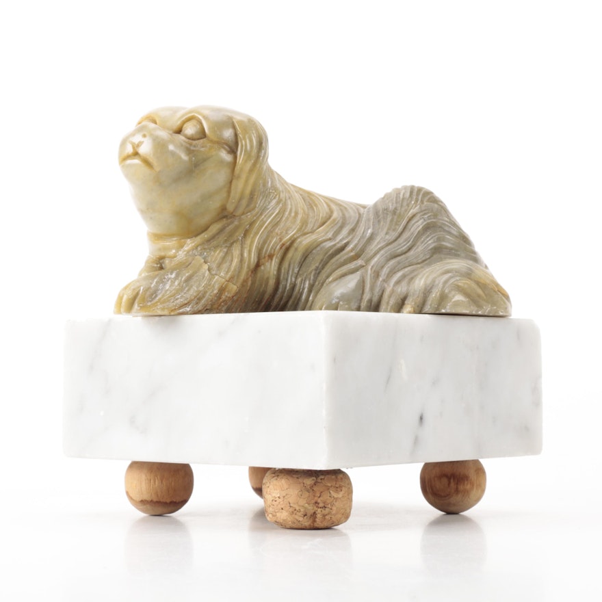 Carved Soapstone Terrier Figurine on Marble Base