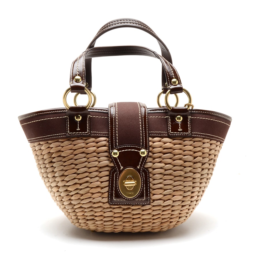 Coach Woven Straw and Leather Market Basket Handbag